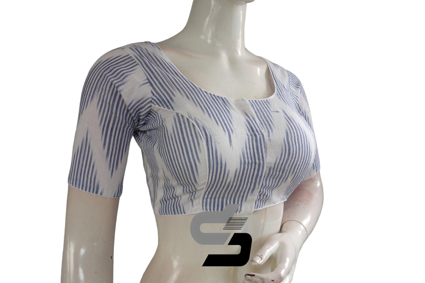 White Color Ikkat Cotton Readymade Blouse - D3blouses