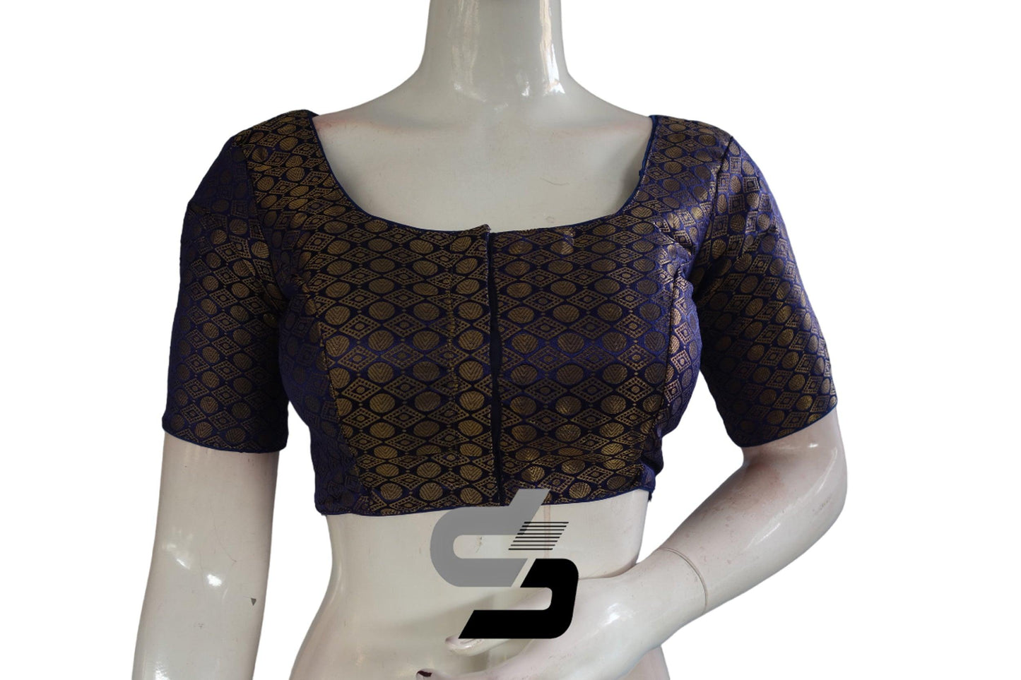 Navy Blue Color Brocade Readymade Saree Blouse - D3blouses