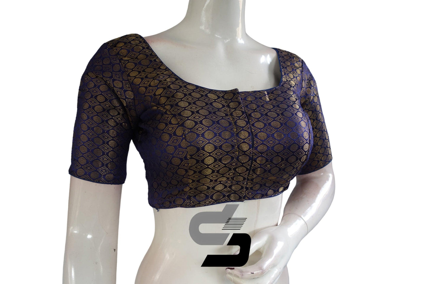 Navy Blue Color Brocade Readymade Saree Blouse - D3blouses
