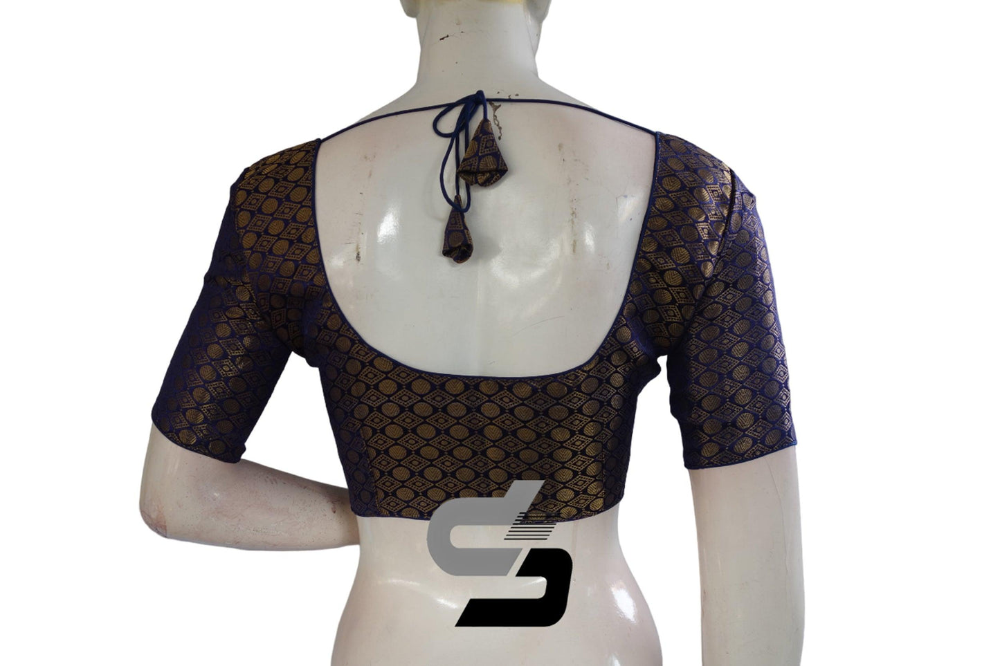 Navy Blue Color Brocade Readymade Saree Blouse - D3blouses