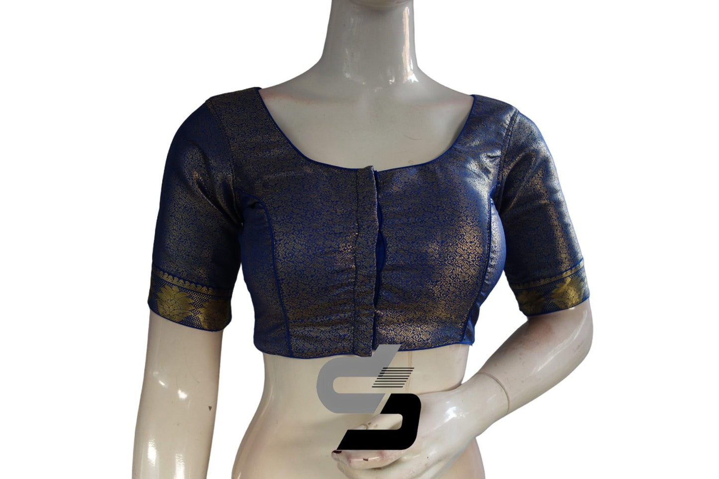 Blue Color Brocade Silk Readymade Saree Blouse With Border Sleeves - D3blouses