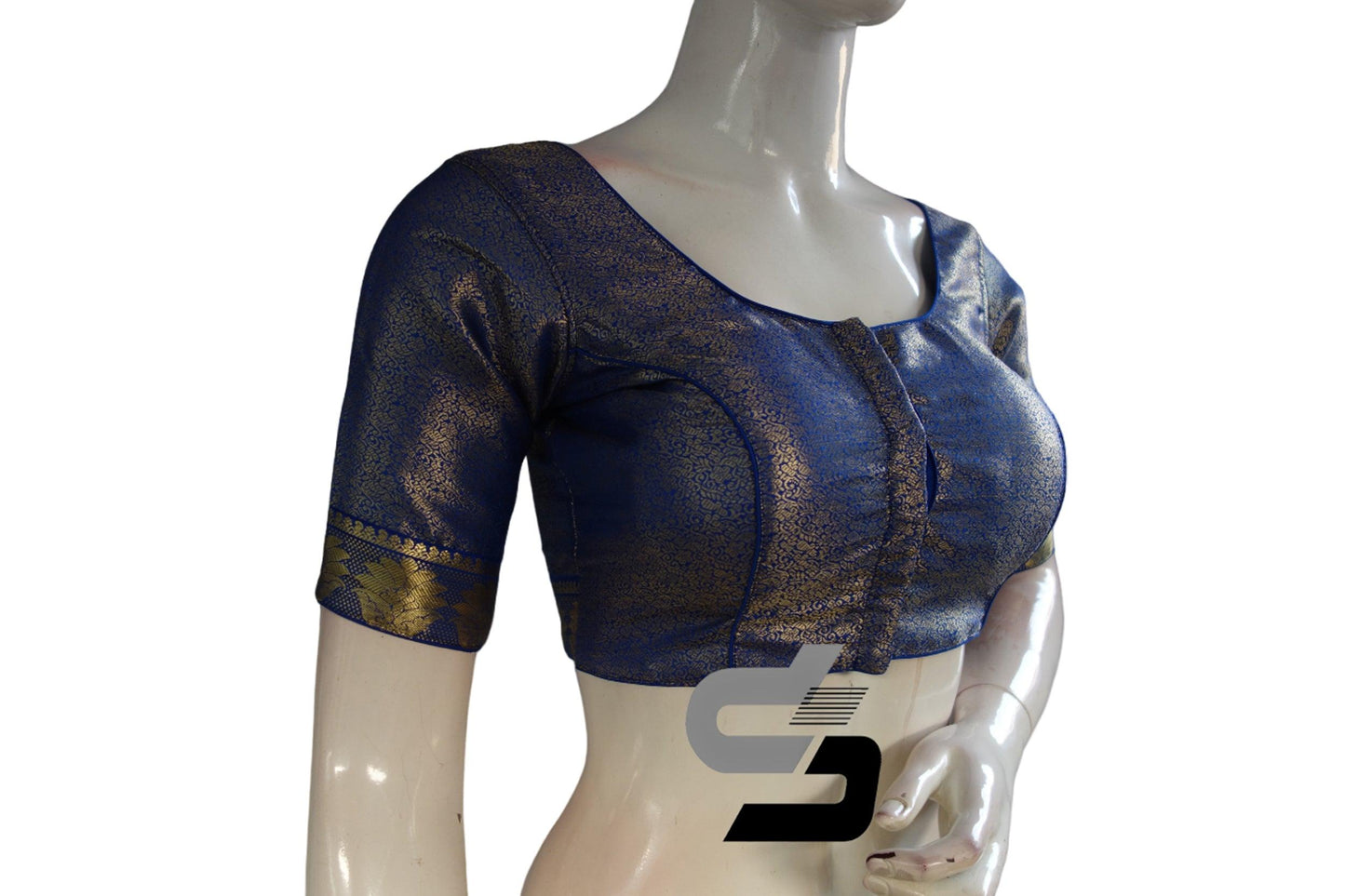 Blue Color Brocade Silk Readymade Saree Blouse With Border Sleeves - D3blouses