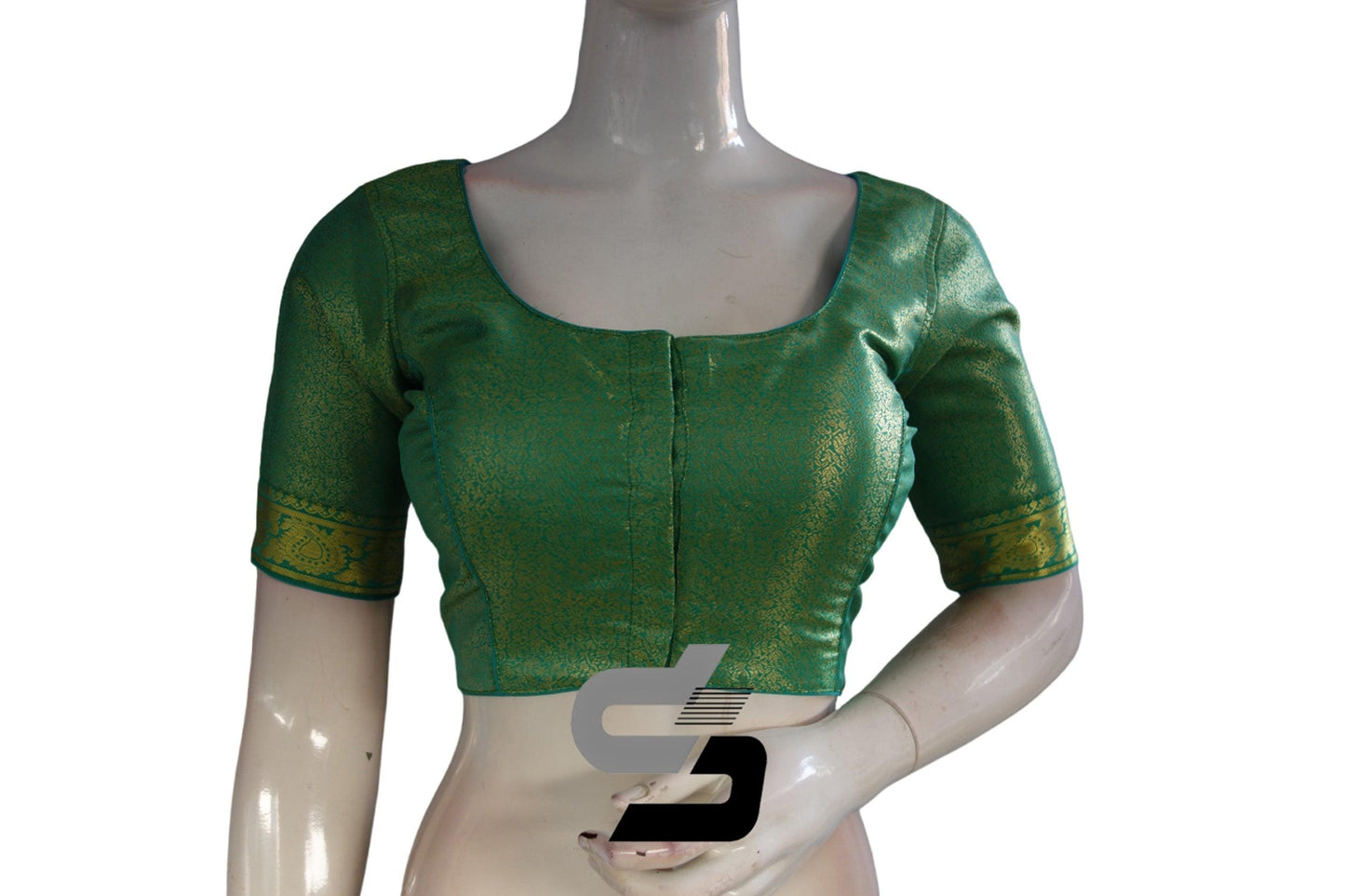 Greenish Blue Color Brocade Silk Readymade Saree Blouse With Border Sleeves - D3blouses