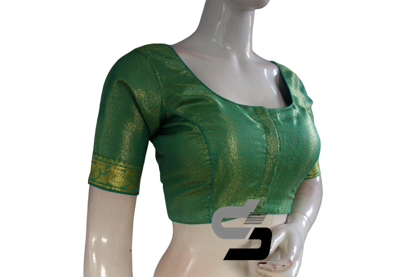 Greenish Blue Color Brocade Silk Readymade Saree Blouse With Border Sleeves - D3blouses