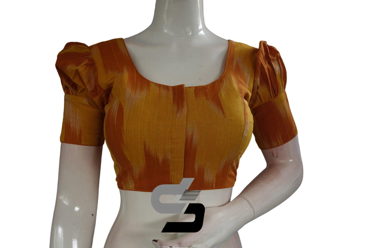 Mustard Color Ikkat Cotton Designer Blouse With Puff Sleeves - D3blouses