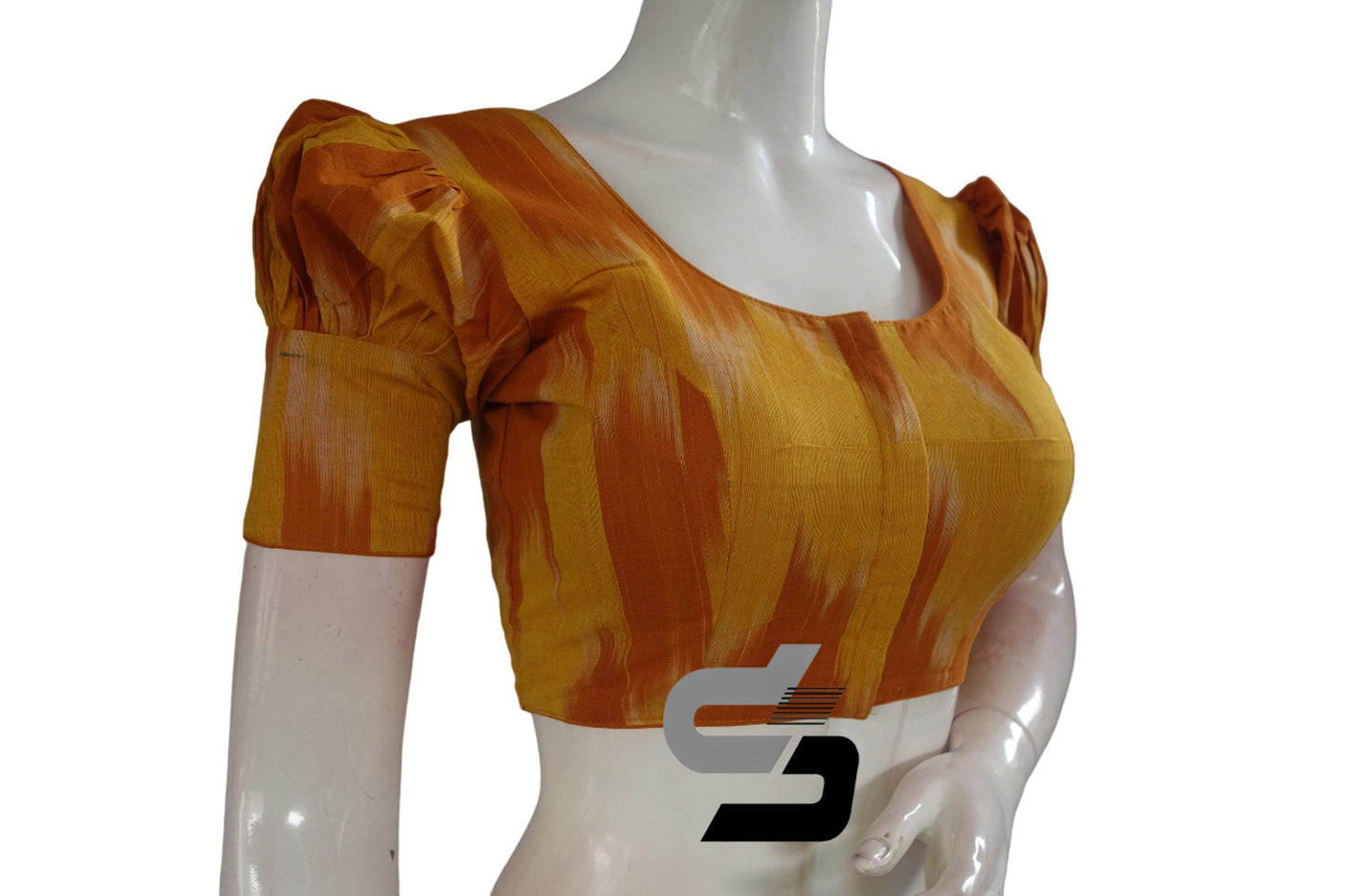Mustard Color Ikkat Cotton Designer Blouse With Puff Sleeves - D3blouses