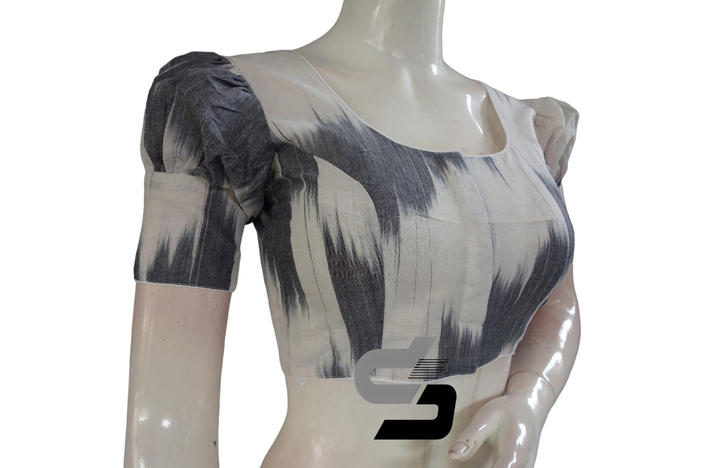 White Color Ikkat Cotton Designer Blouse With Puff Sleeves - D3blouses