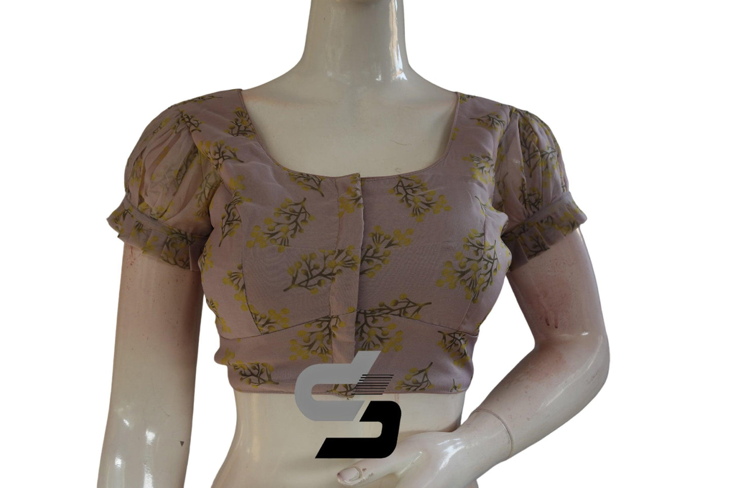 Pinkish Grey Color Organza Fancy Frill Puff Sleeves Readymade Blouse for Sarees - D3blouses