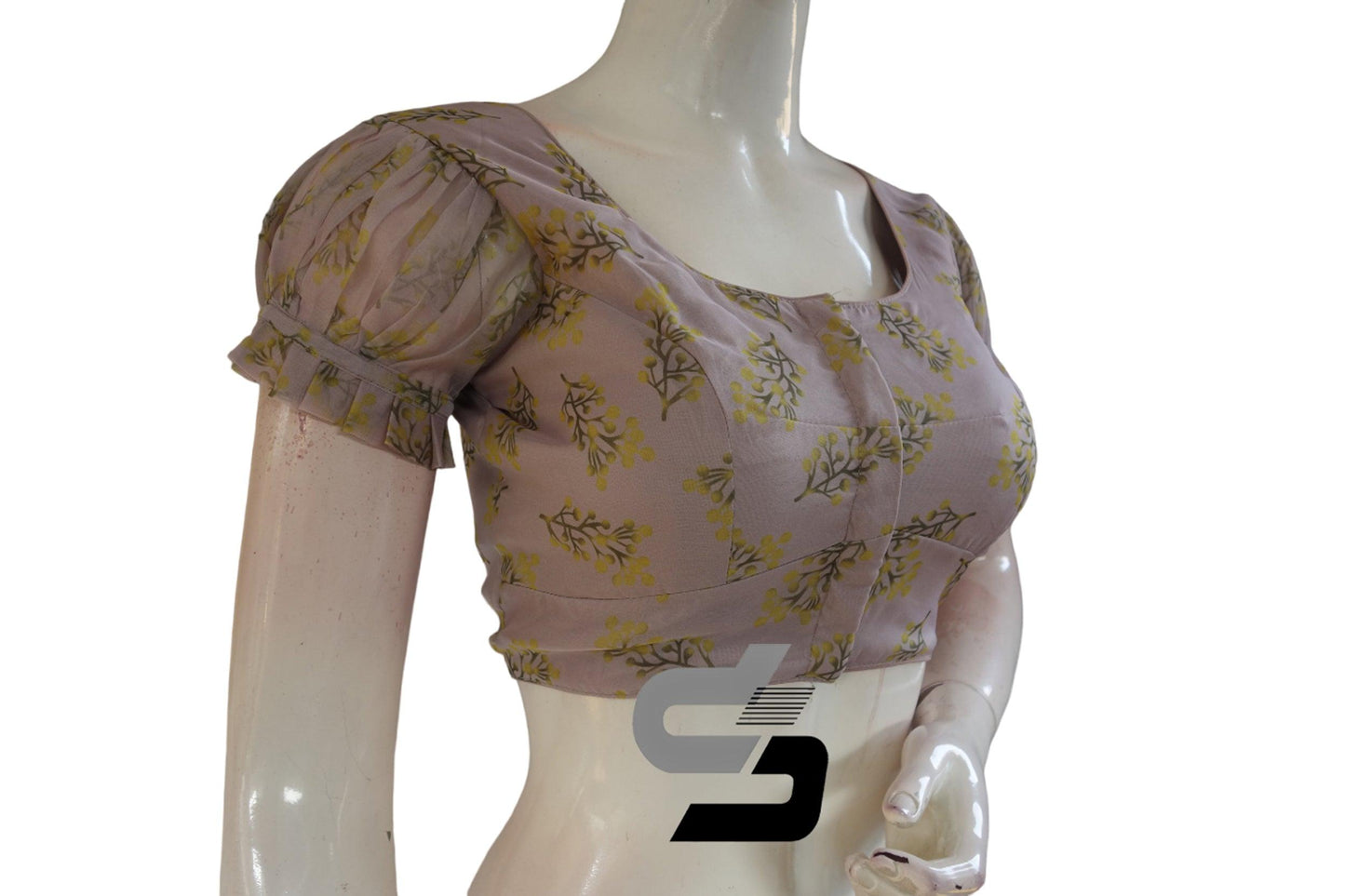 Pinkish Grey Color Organza Fancy Frill Puff Sleeves Readymade Blouse for Sarees - D3blouses
