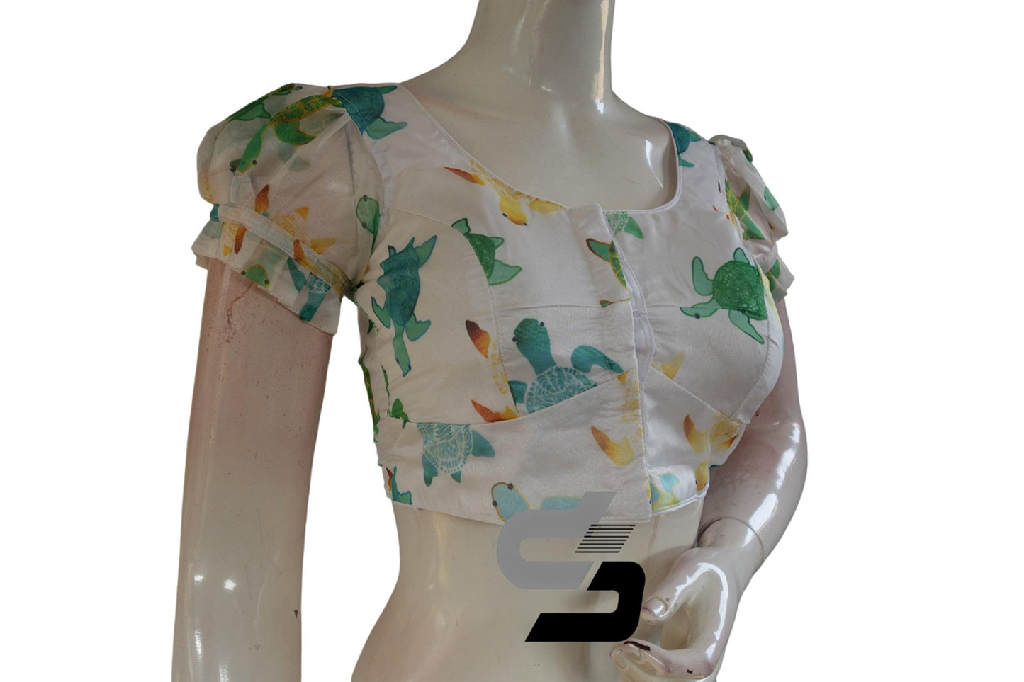 White Color Organza Fancy Frill Puff Sleeves Readymade Blouse for Sarees - D3blouses