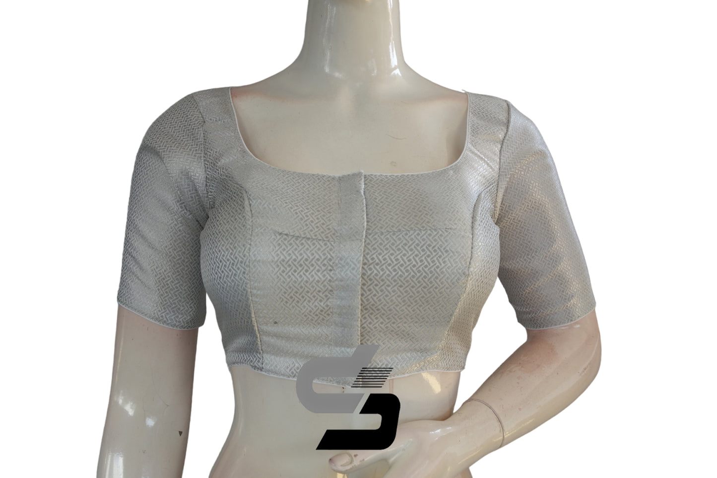 White and Silver Mixed Color Brocade Silk Readymade Saree Blouse