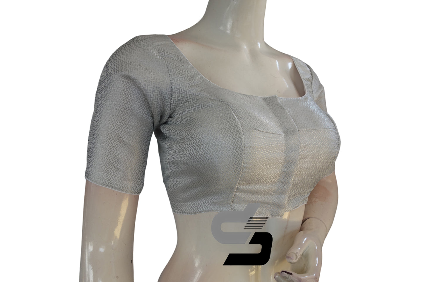 White and Silver Mixed Color Brocade Silk Readymade Saree Blouse