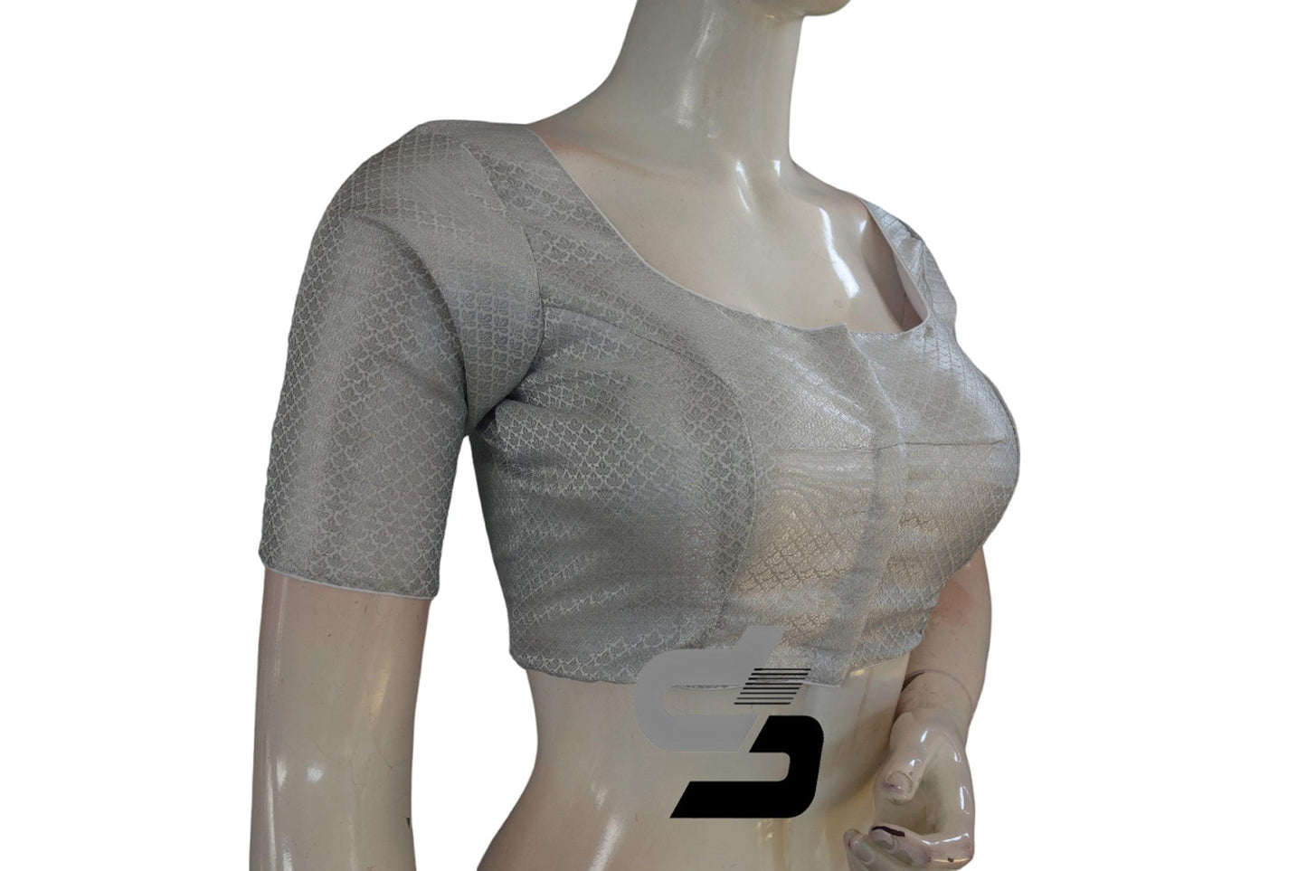 White and Silver Mixed Brocade Silk Readymade Saree Blouse - D3blouses