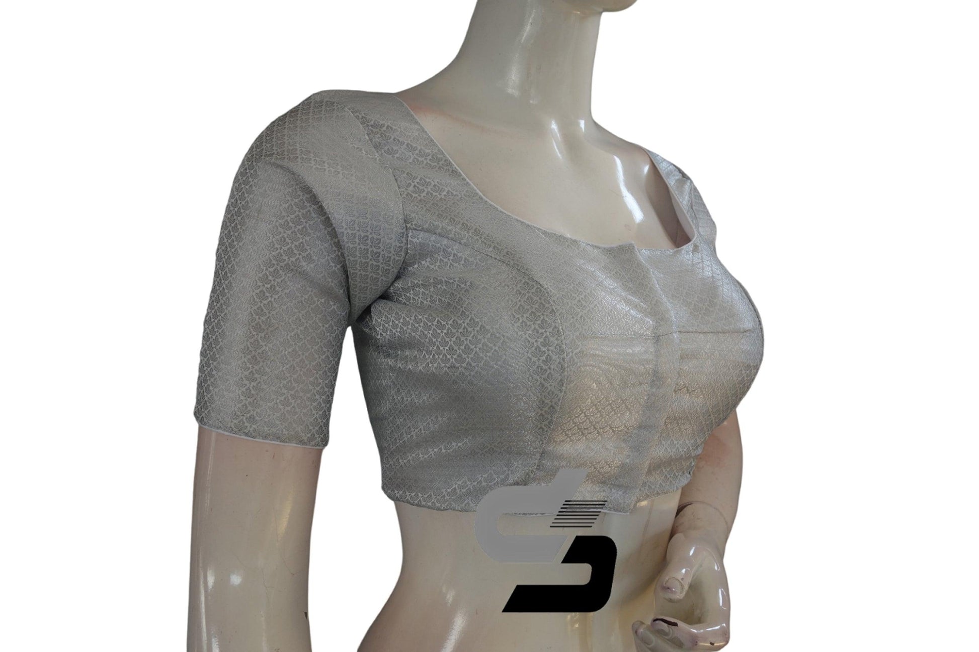 White and Silver Mixed Brocade Silk Readymade Saree Blouse - D3blouses