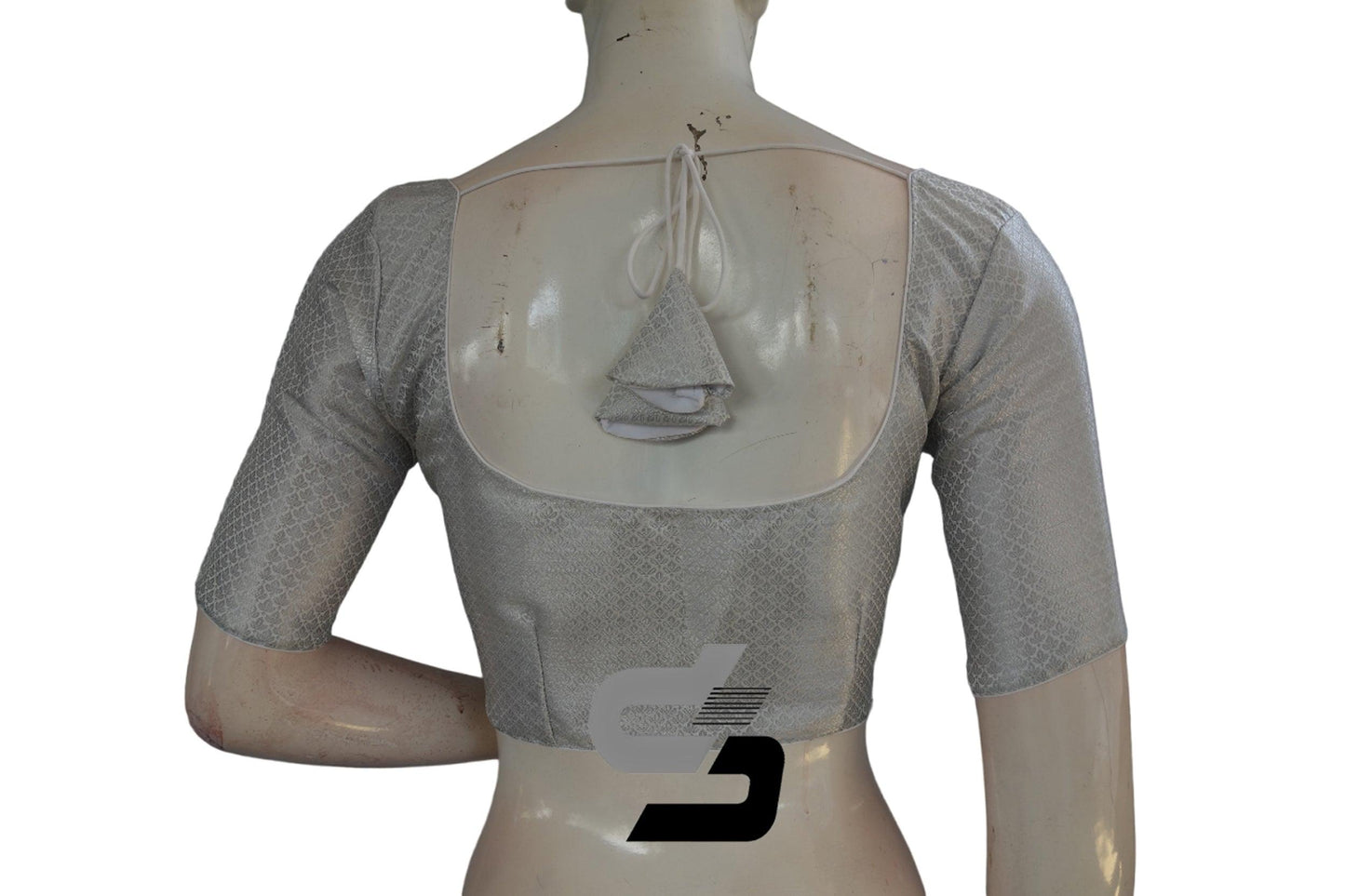 White and Silver Mixed Brocade Silk Readymade Saree Blouse - D3blouses