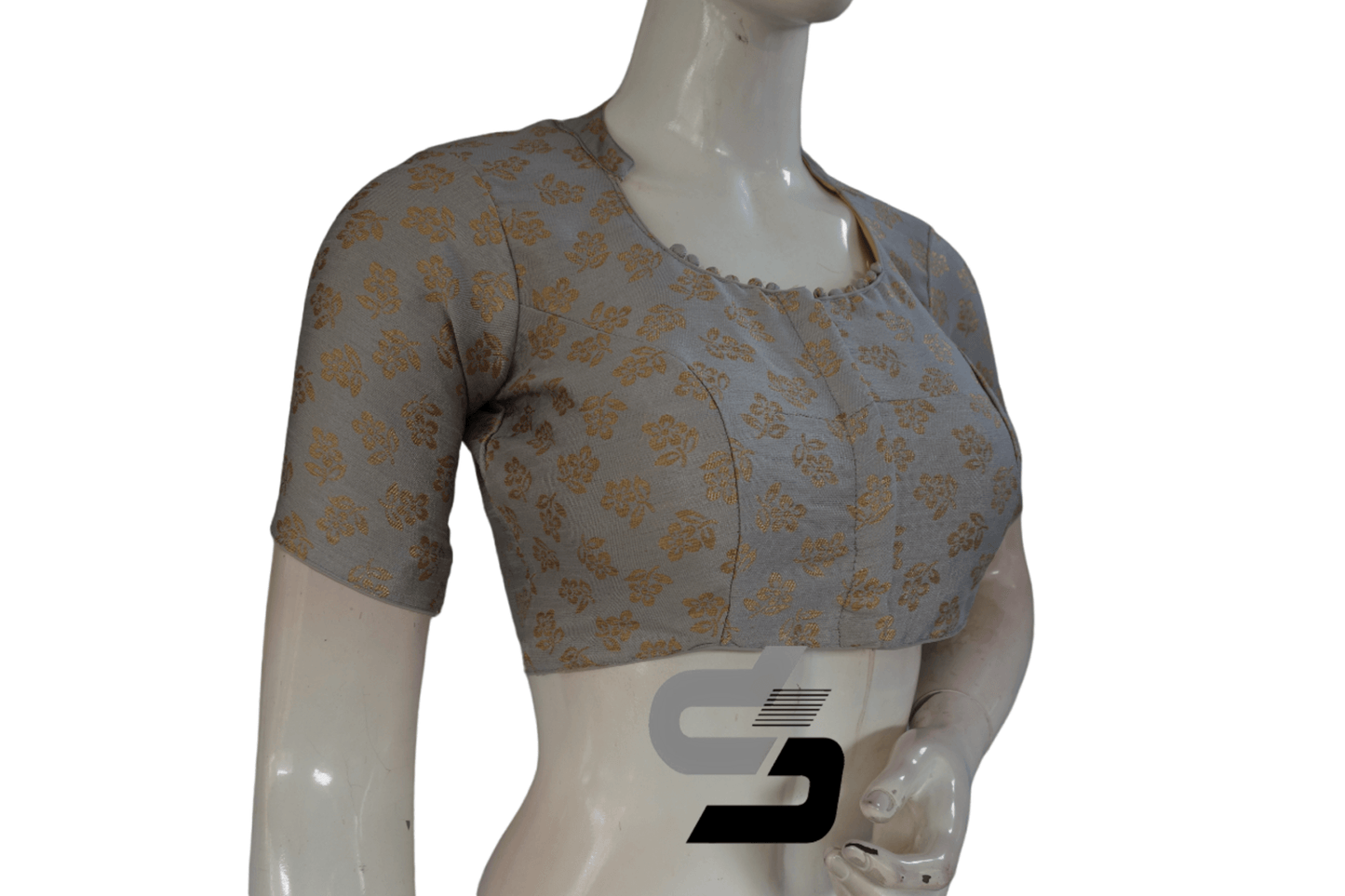 Grey Color Brocade Silk With Designer Collar Neck Readymade saree blouse - D3blouses