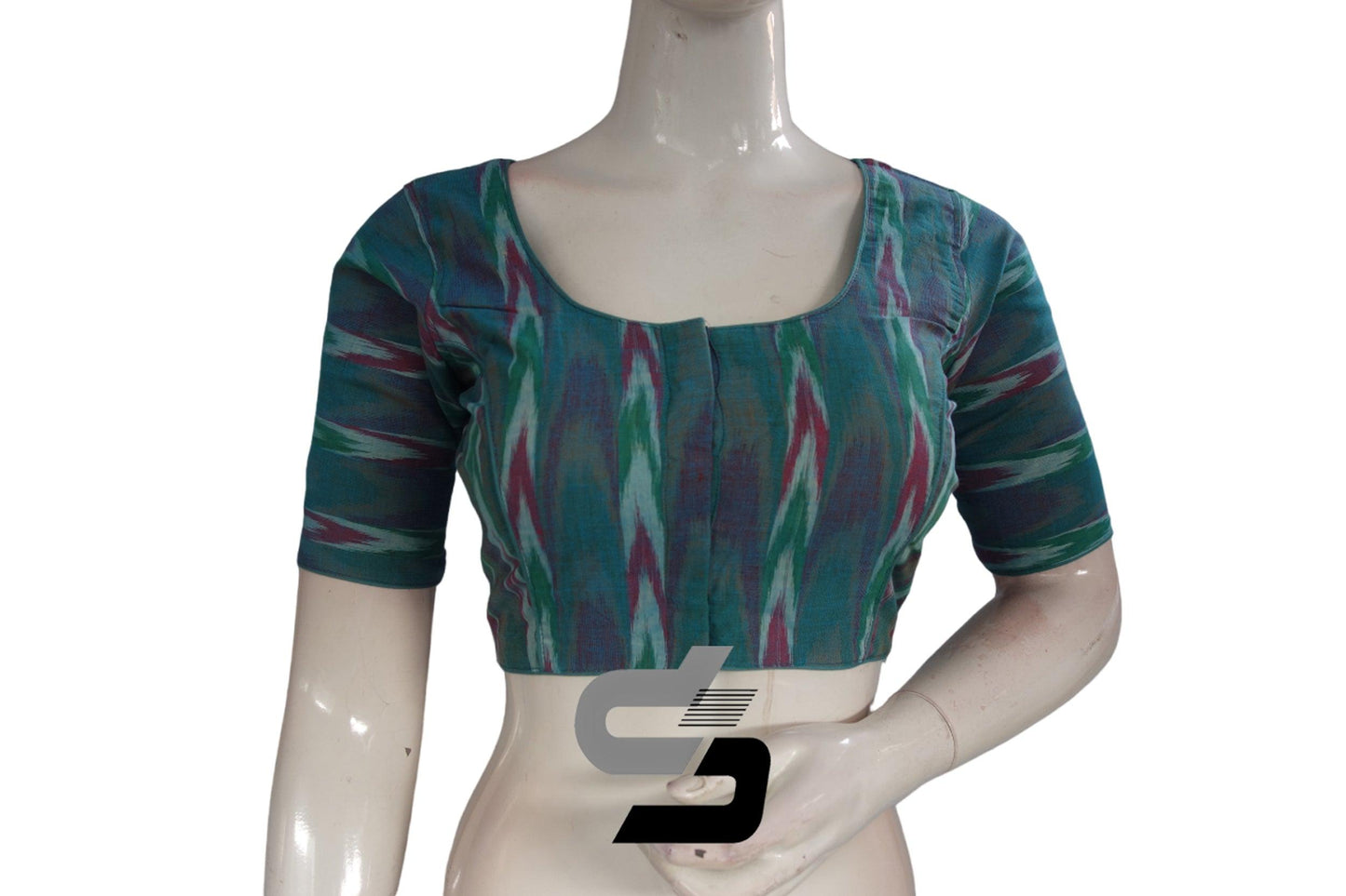 Teal Blue Color Ikkat Cotton Readymade Blouse - D3blouses
