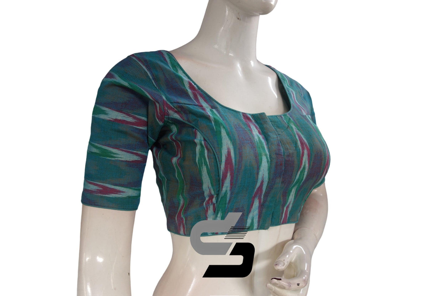 Teal Blue Color Ikkat Cotton Readymade Blouse - D3blouses