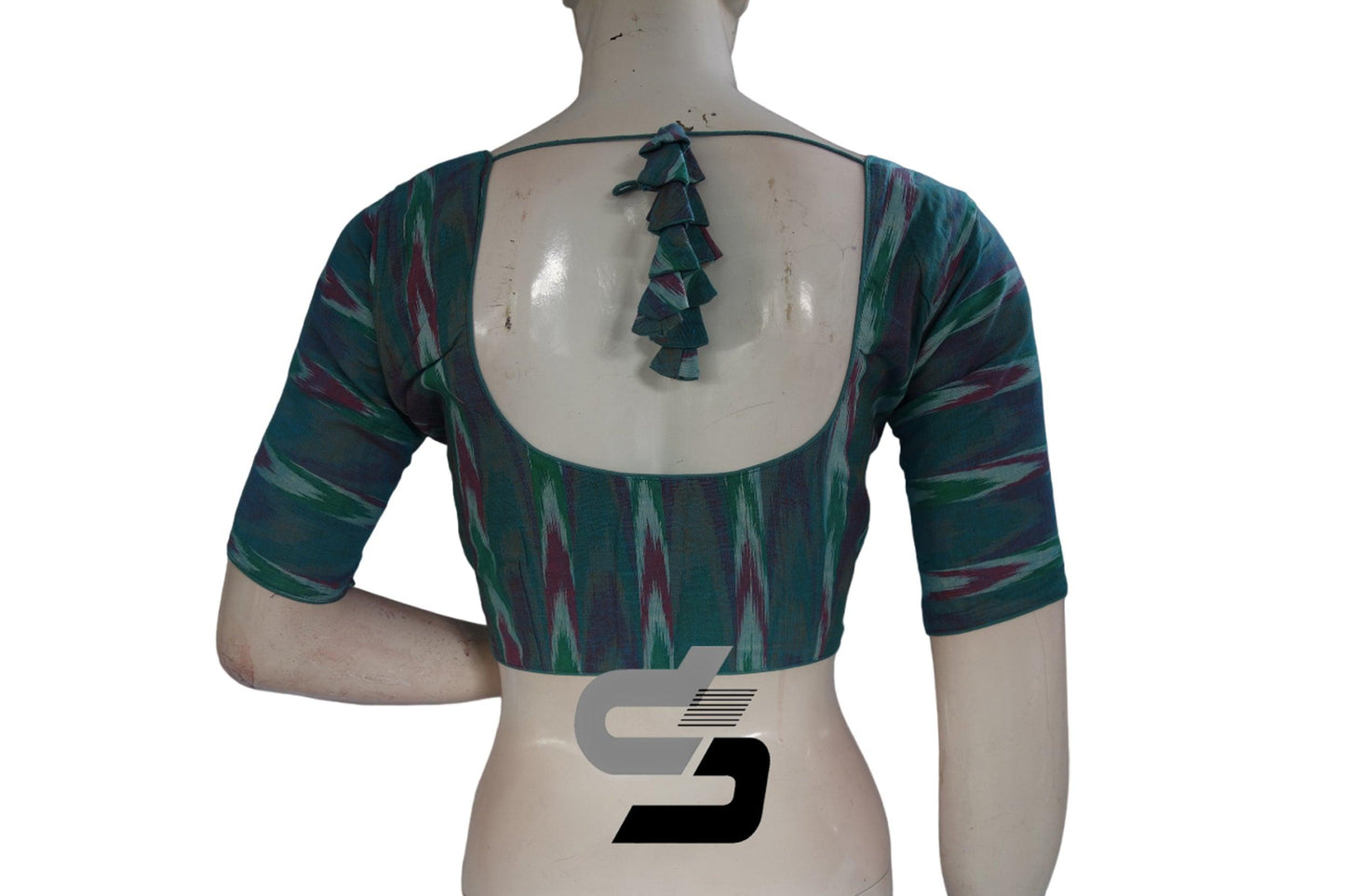Teal Blue Color Ikkat Cotton Readymade Blouse - D3blouses