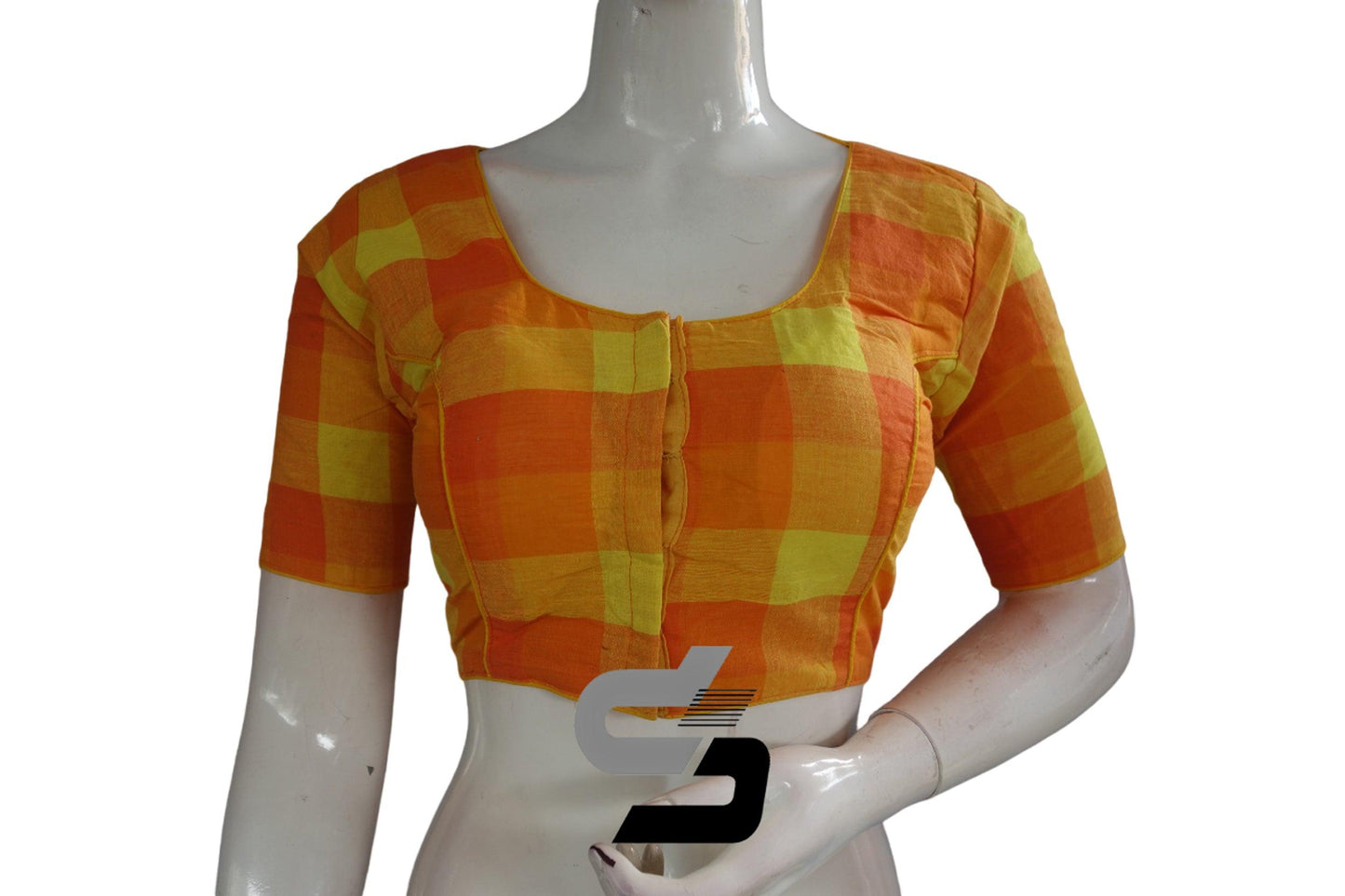 Yellow Color Cotton Checks Readymade saree blouse , Indian Cotton Readymade blouse - D3blouses