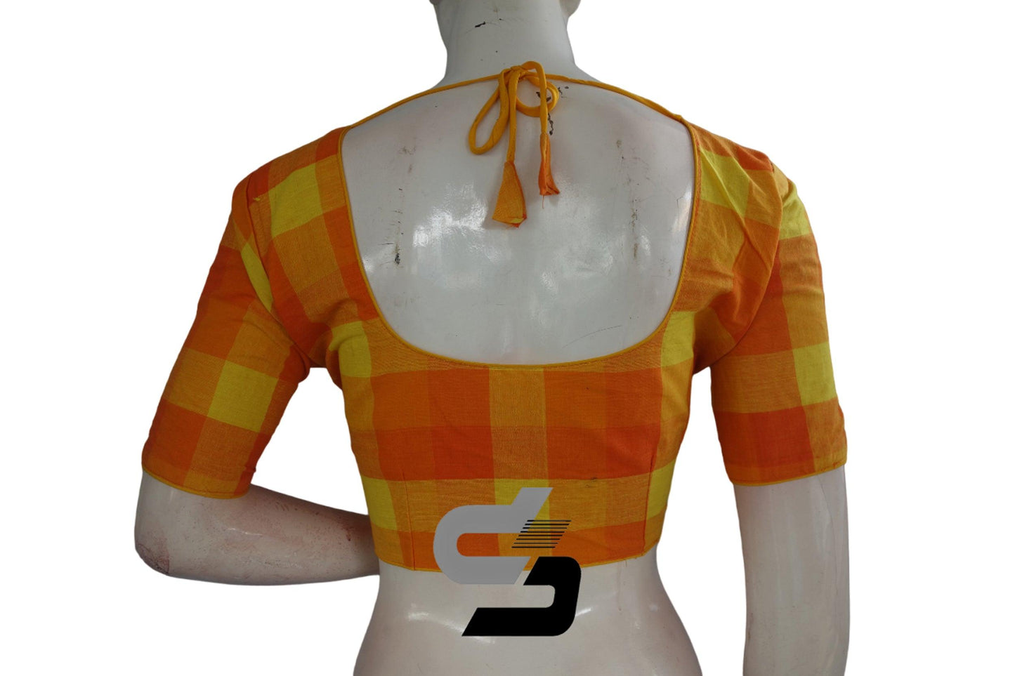 Yellow Color Cotton Checks Readymade saree blouse , Indian Cotton Readymade blouse - D3blouses