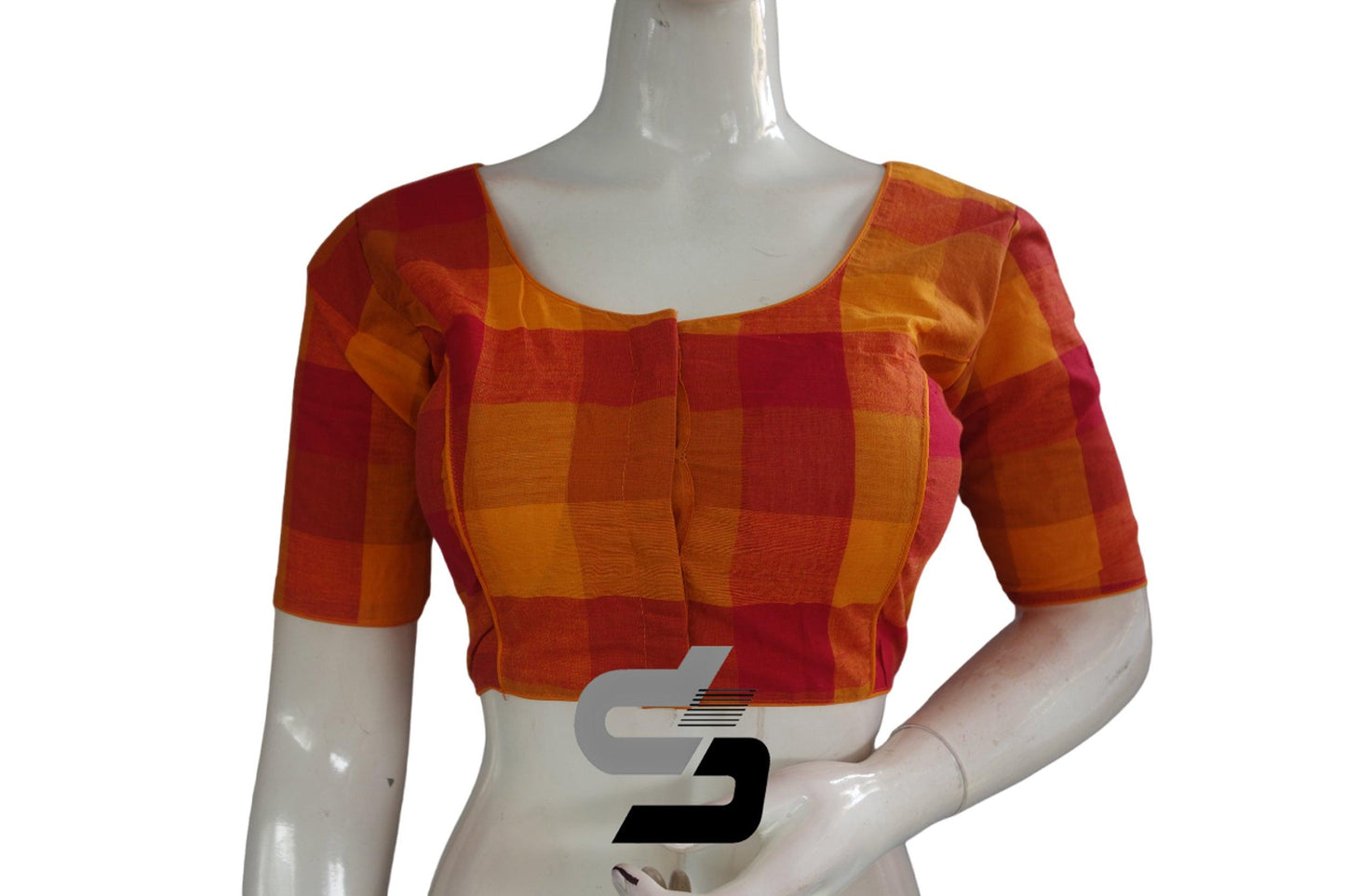 Orange Color Cotton Checks Readymade saree blouse , Indian Cotton Readymade blouse - D3blouses