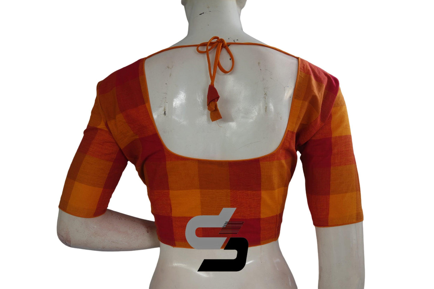 Orange Color Cotton Checks Readymade saree blouse , Indian Cotton Readymade blouse - D3blouses