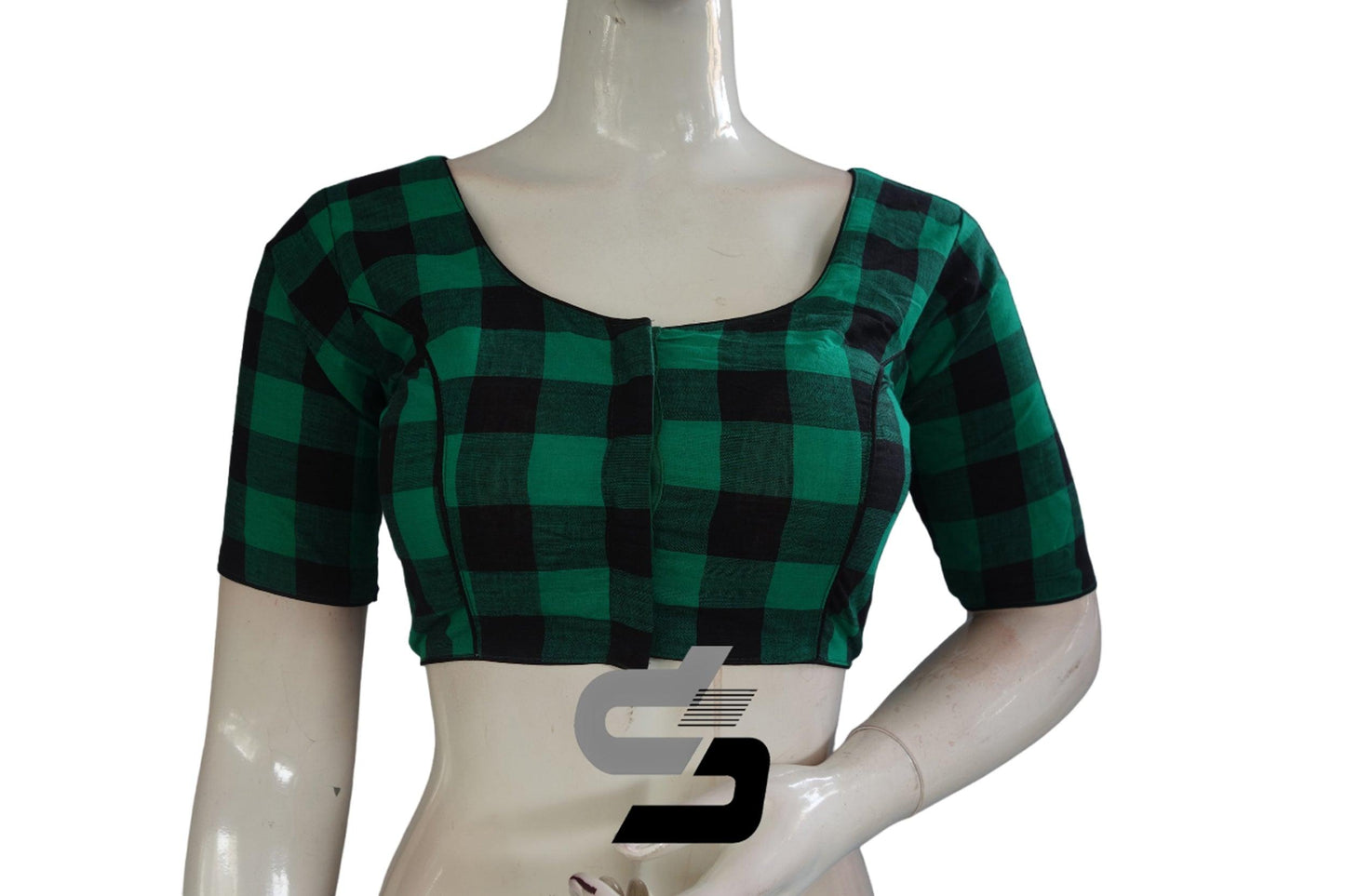 Black Color Cotton Checks Readymade saree blouse , Indian Cotton Readymade blouse - D3blouses