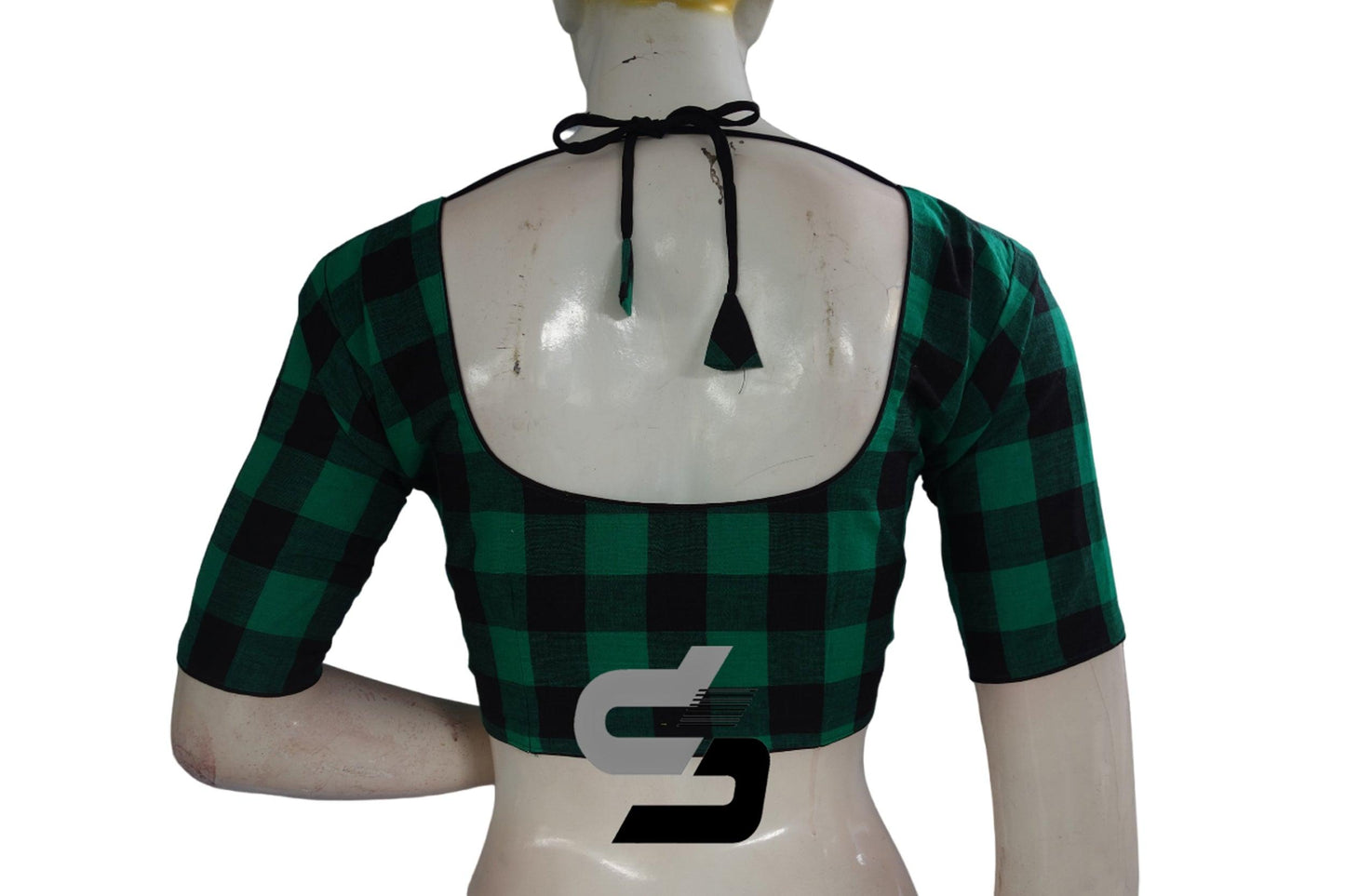 Black Color Cotton Checks Readymade saree blouse , Indian Cotton Readymade blouse - D3blouses