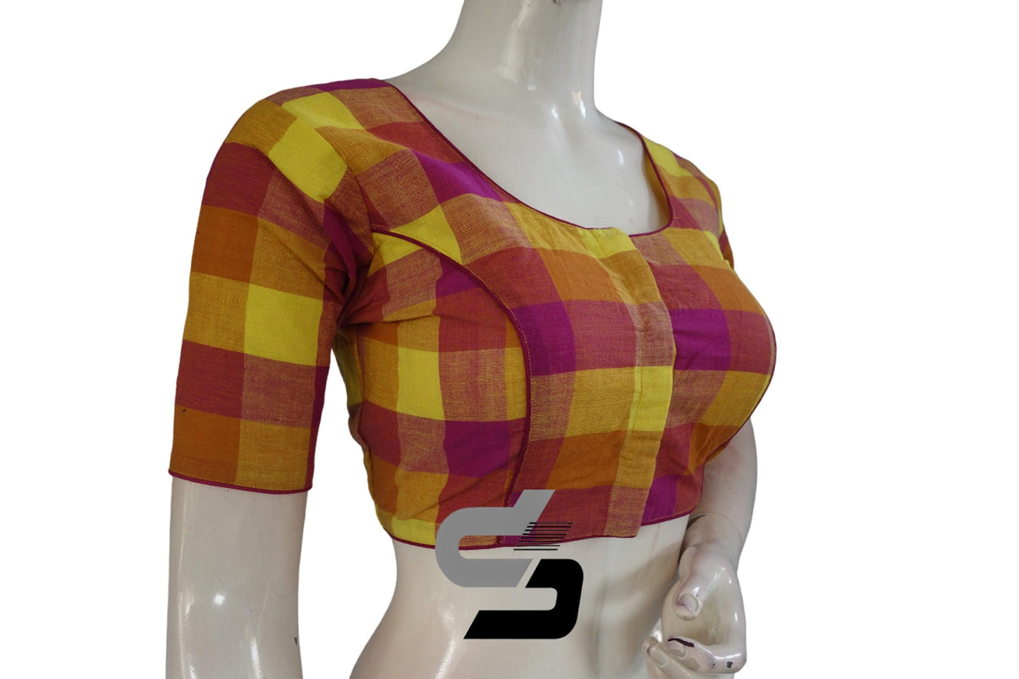 Magenta Color Cotton Checks Readymade saree blouse , Indian Cotton Readymade blouse - D3blouses