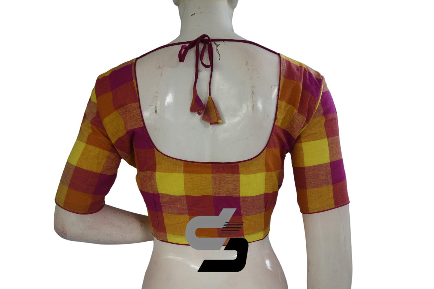 Magenta Color Cotton Checks Readymade saree blouse , Indian Cotton Readymade blouse - D3blouses