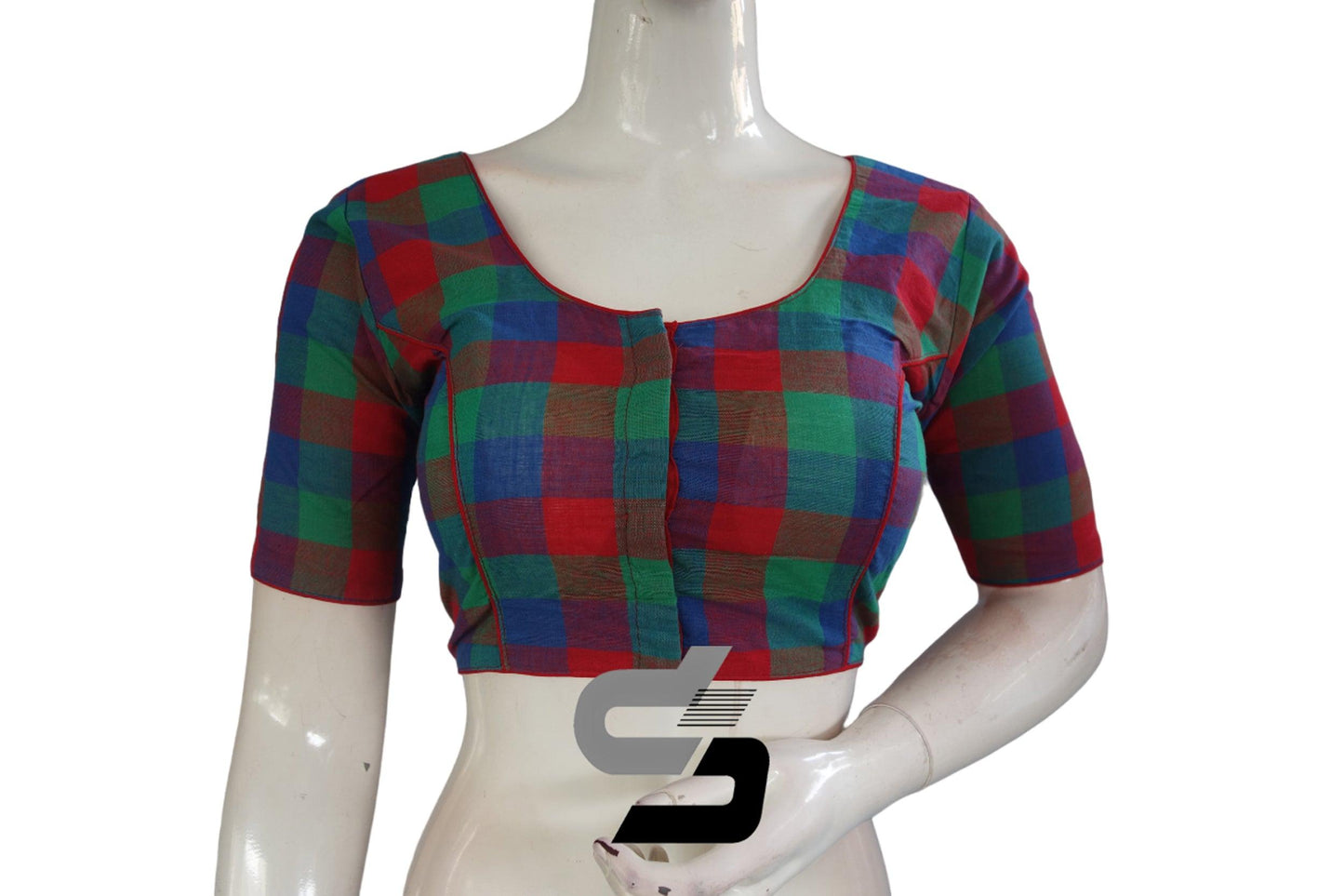 Red Color Cotton Checks Readymade saree blouse , Indian Cotton Readymade blouse - D3blouses