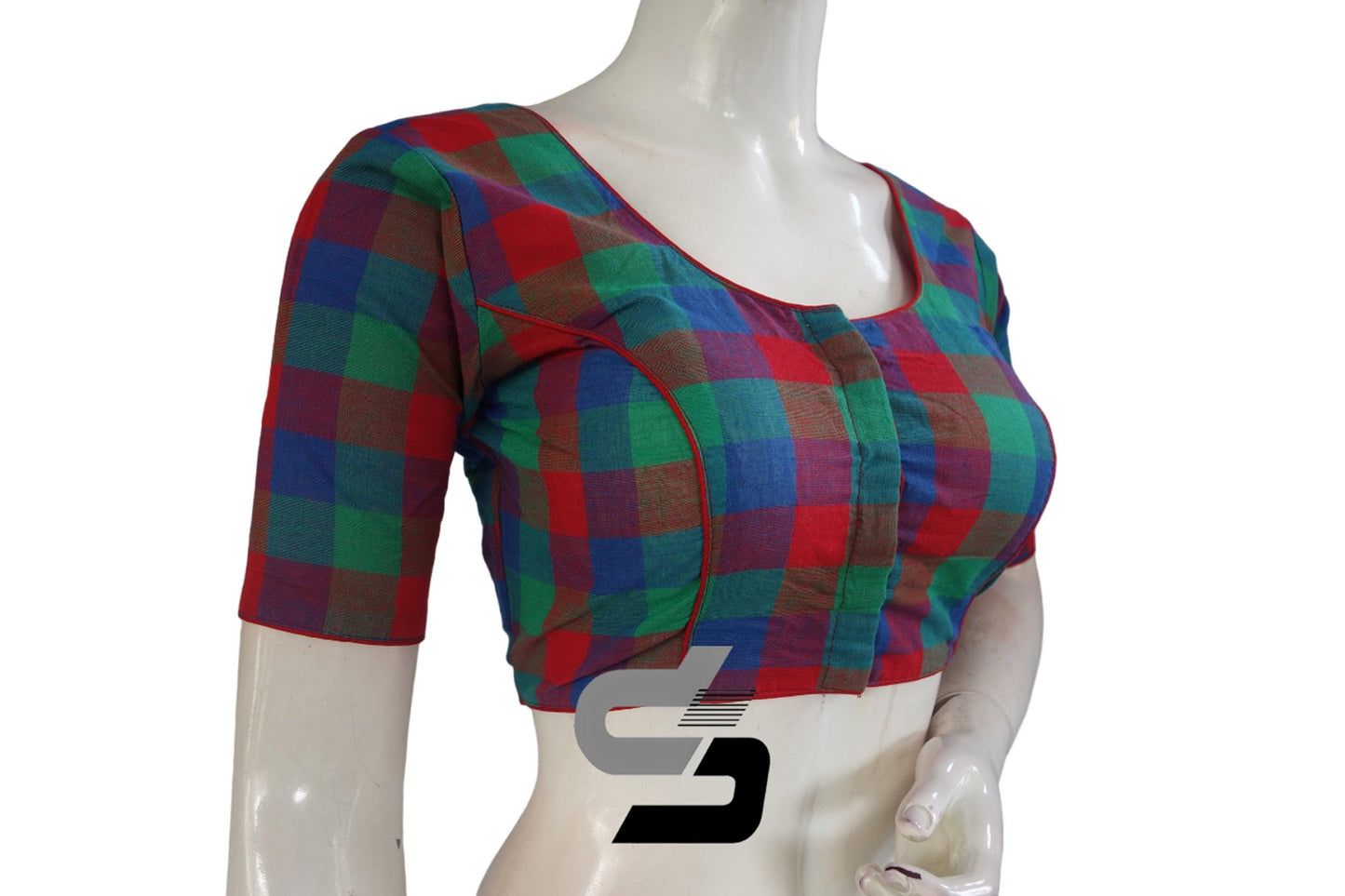 Red Color Cotton Checks Readymade saree blouse , Indian Cotton Readymade blouse - D3blouses