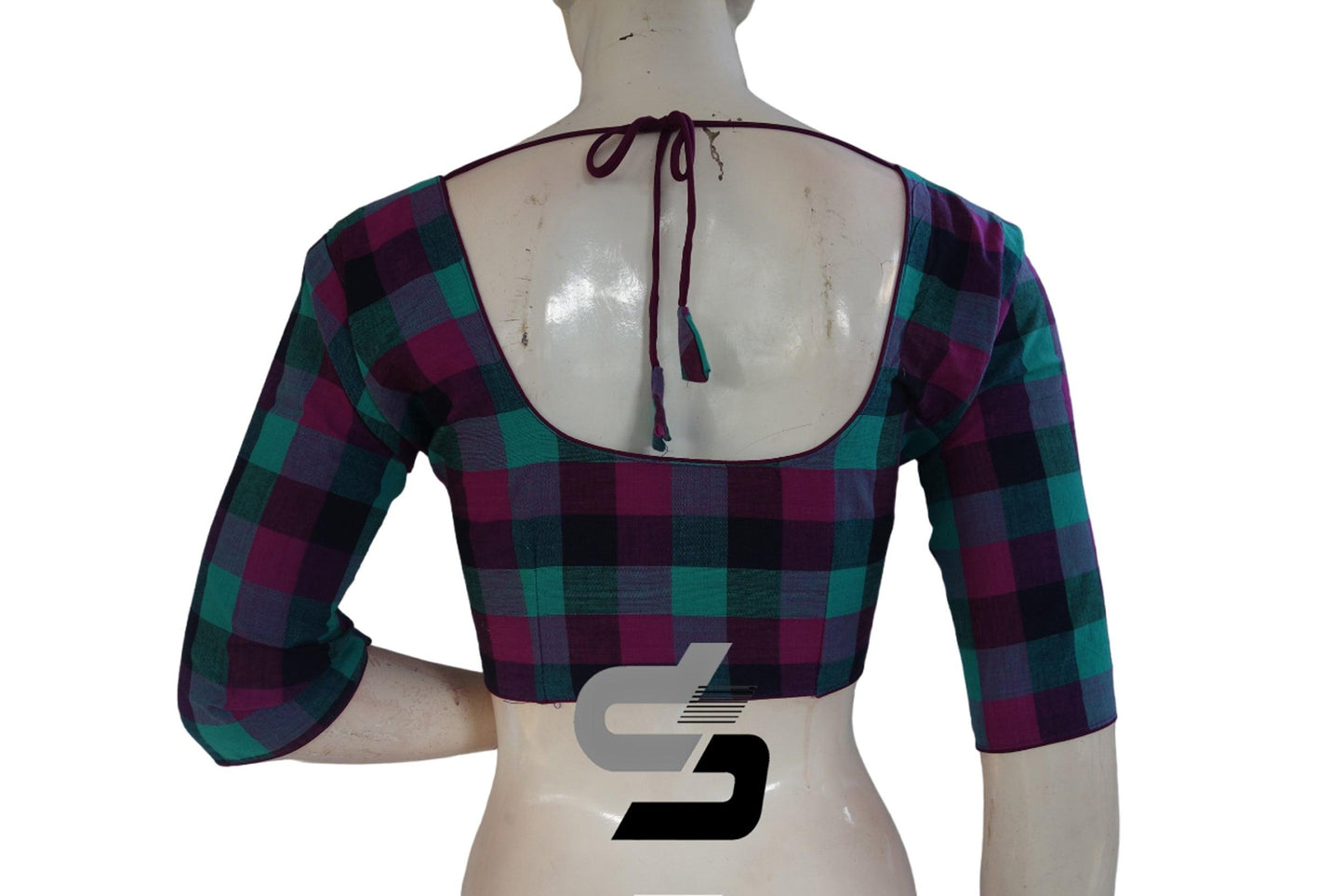 Purple Color 3/4 th Cotton Checks Readymade saree blouse , Indian Cotton Readymade blouse - D3blouses