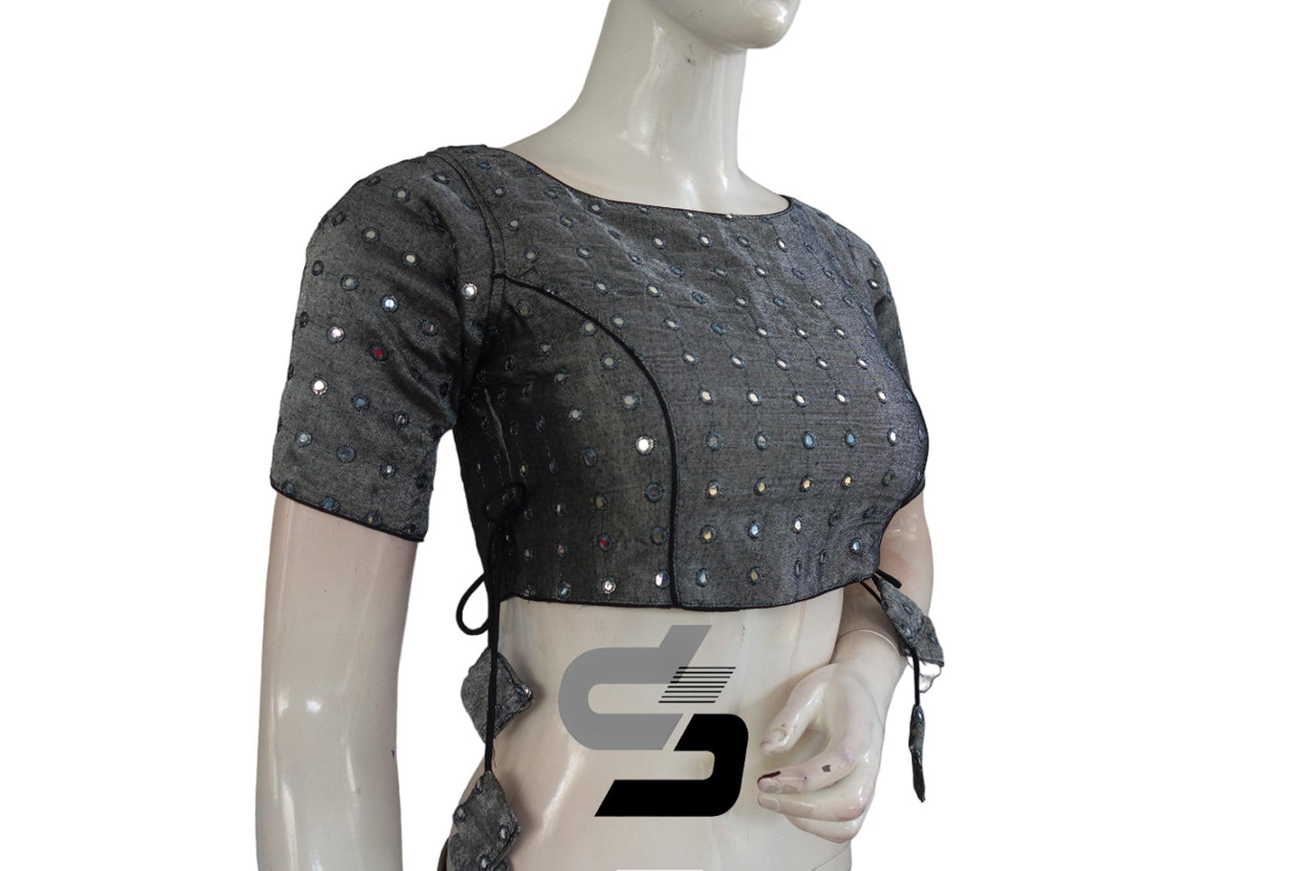 Grey Color Foil Mirror Boat Neck Designer Readymade Matching Saree Blouse - D3blouses