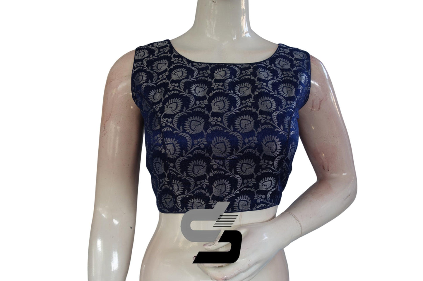 Navy Blue Color Brocade silk Readymade saree blouse, Silver Mixed Readymade Blouse - D3blouses