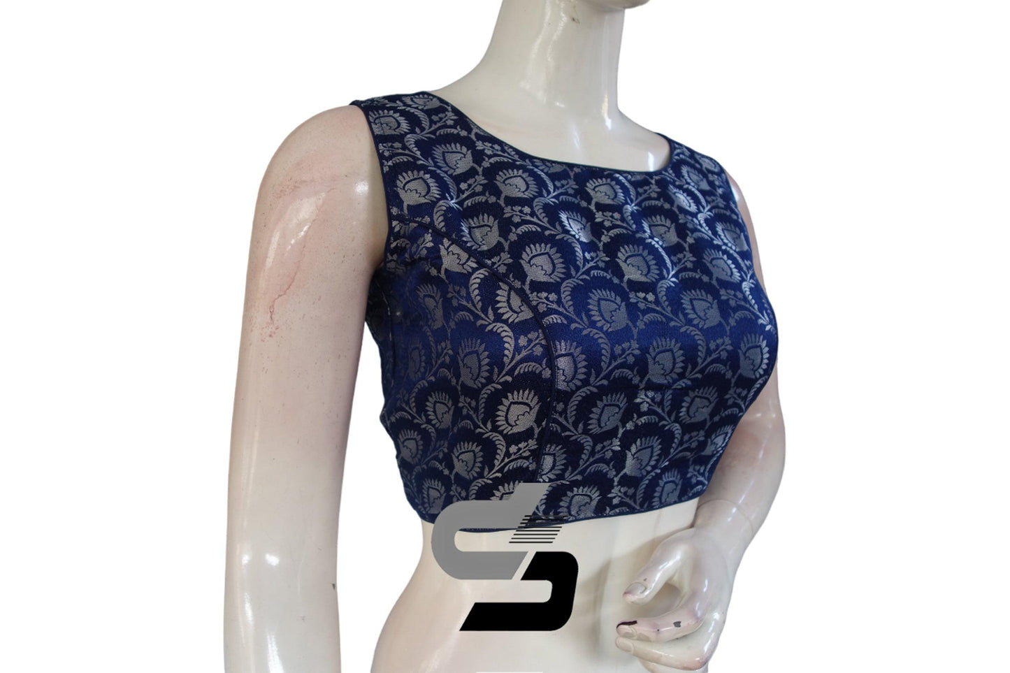 Navy Blue Color Brocade silk Readymade saree blouse, Silver Mixed Readymade Blouse - D3blouses