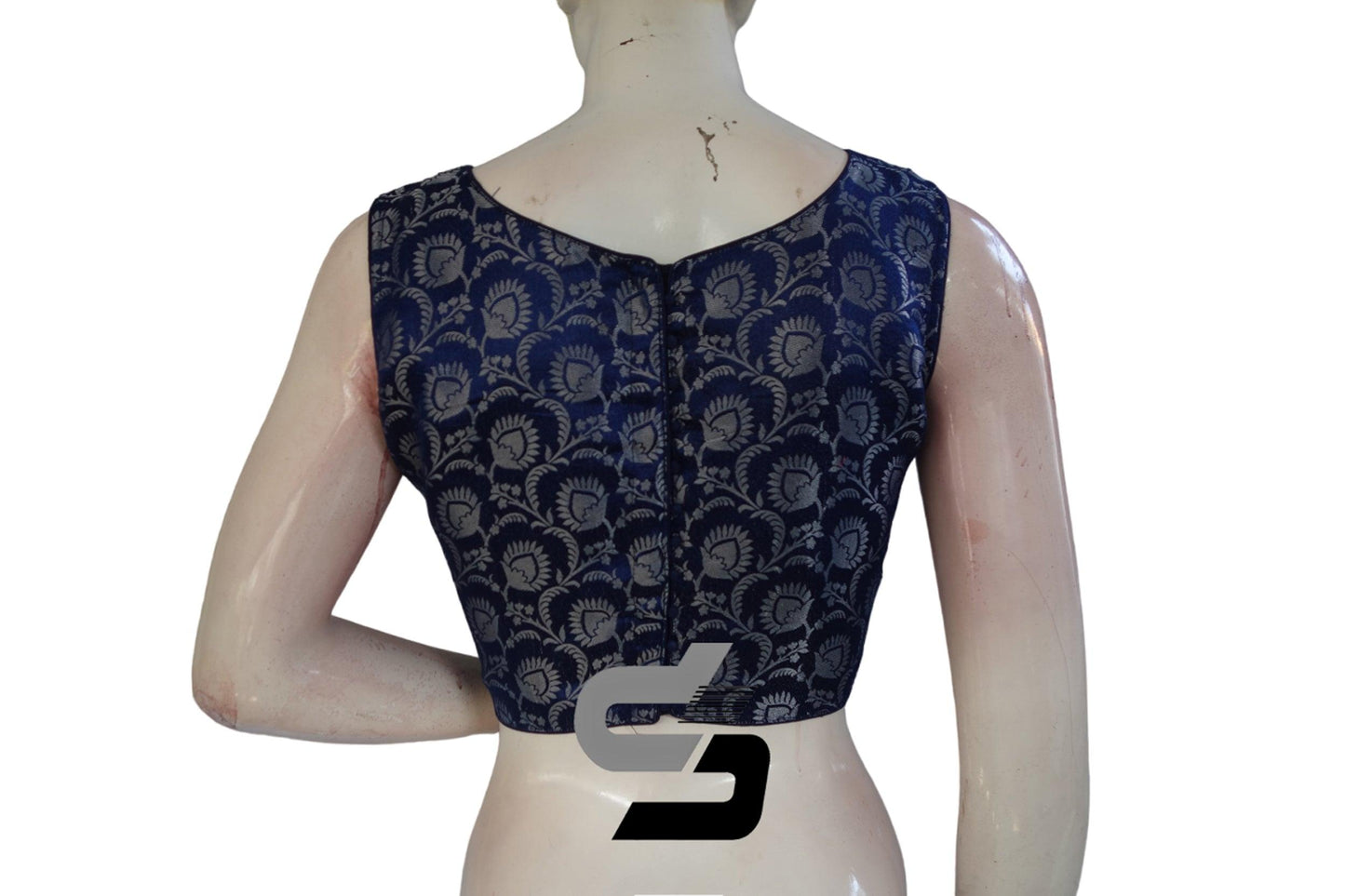 Navy Blue Color Brocade silk Readymade saree blouse, Silver Mixed Readymade Blouse - D3blouses