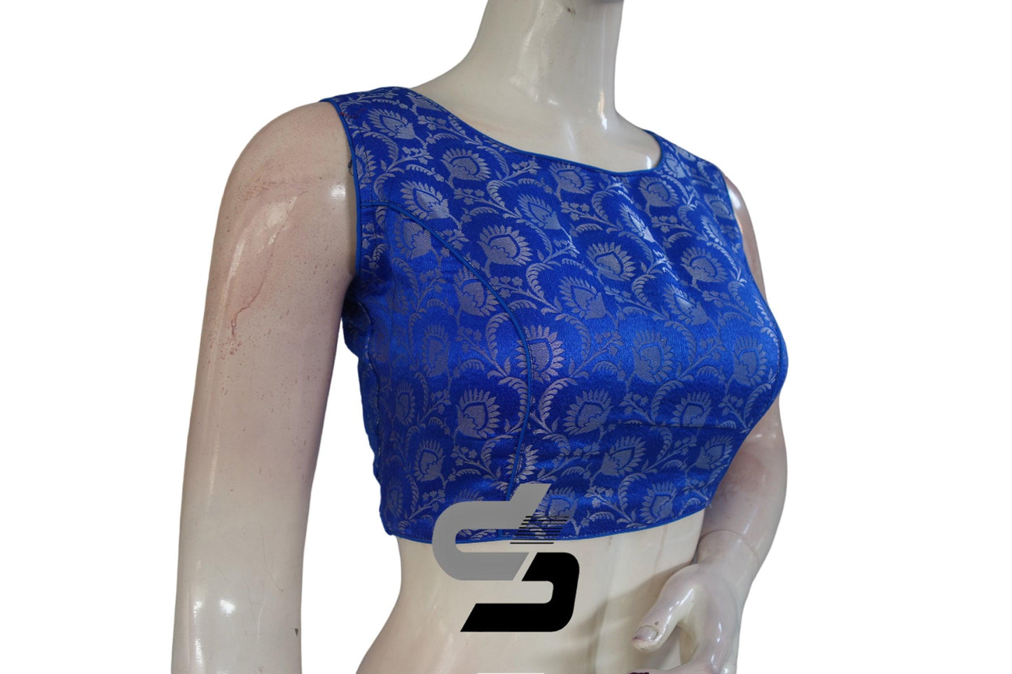 Blue Color Brocade silk Readymade saree blouse, Silver Mixed Readymade Blouse - D3blouses