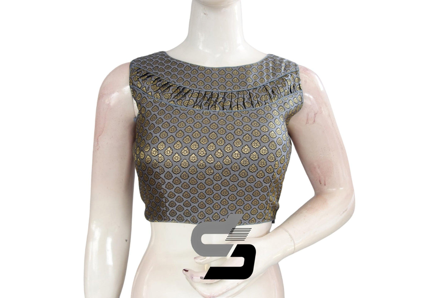 Grey Color Boat Neck Brocade silk Readymade saree blouse, Indian Readymade blouse, Crop top, - D3blouses