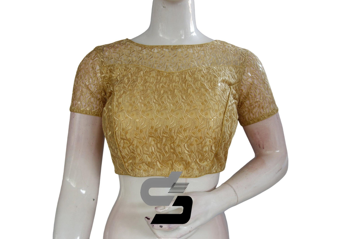Gold Color Boat Neck Designer Embroidery Netted Readymade Saree Blouse - D3blouses