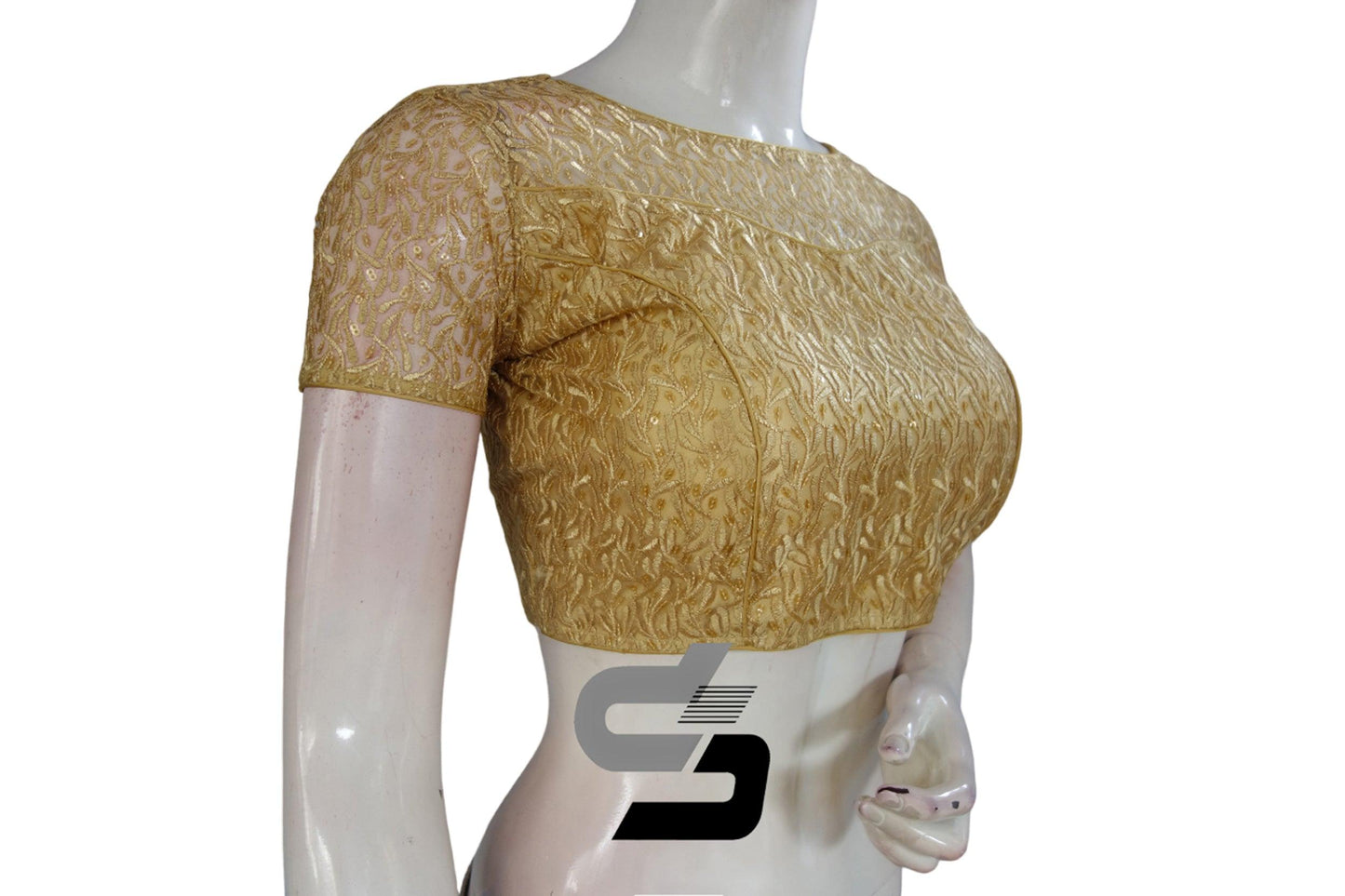 Gold Color Boat Neck Designer Embroidery Netted Readymade Saree Blouse - D3blouses