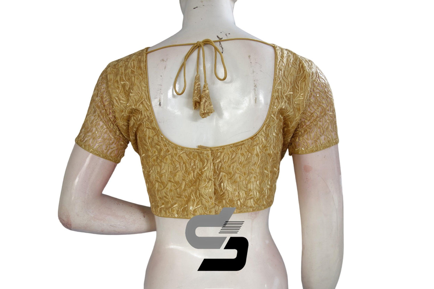 Gold Color Boat Neck Designer Embroidery Netted Readymade Saree Blouse - D3blouses