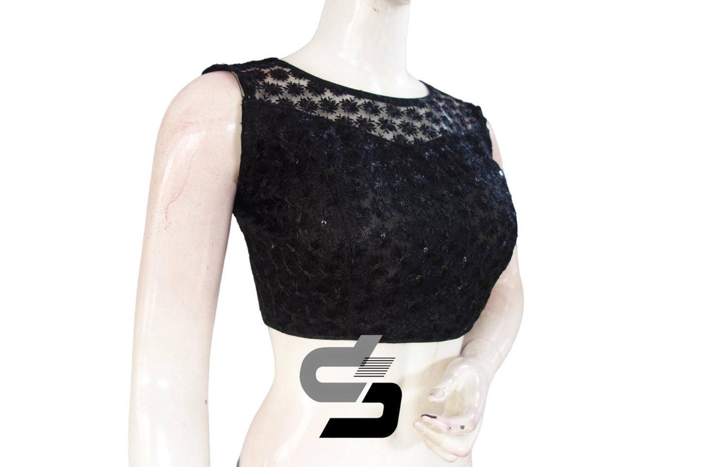 Black Color Netted Sleeveless Readymade Saree Blouse - D3blouses