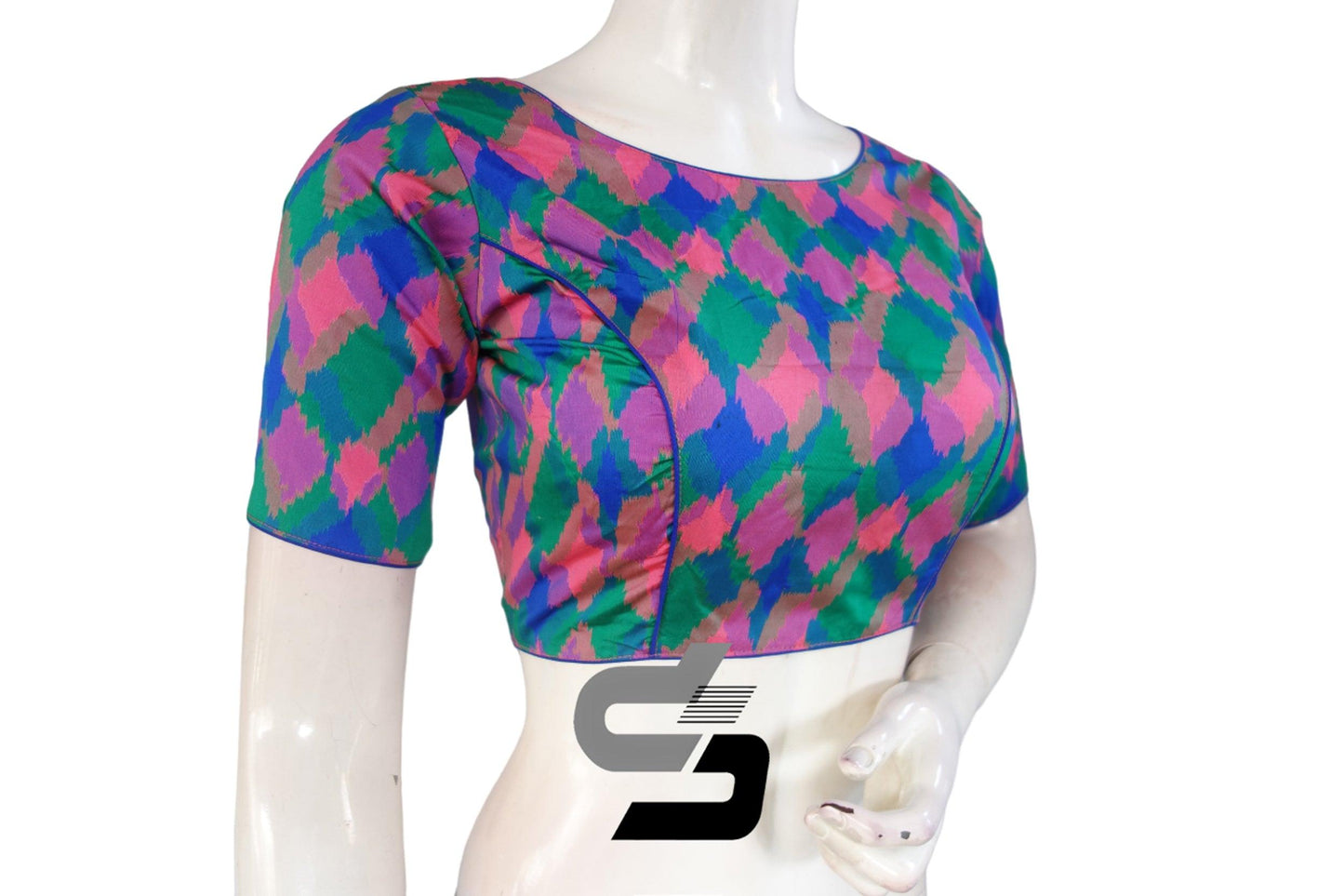 Printed Silk Multi Color Boat Neck Designer Readymade Blouse - D3blouses