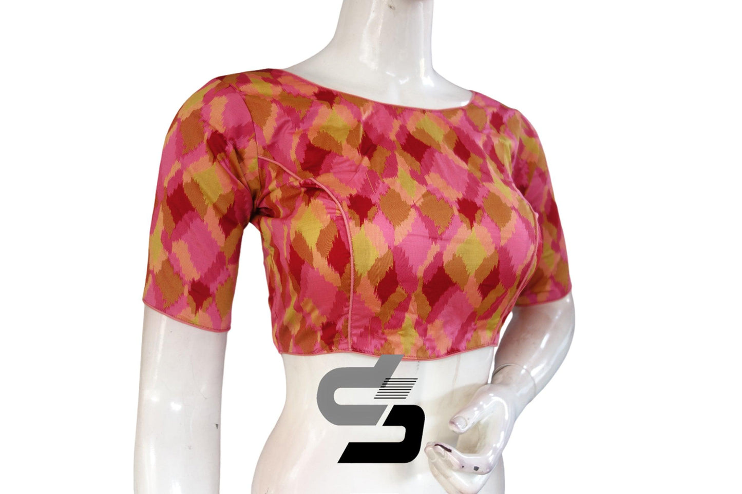 Printed Silk Multi Color Boat Neck Designer Readymade Blouse - D3blouses