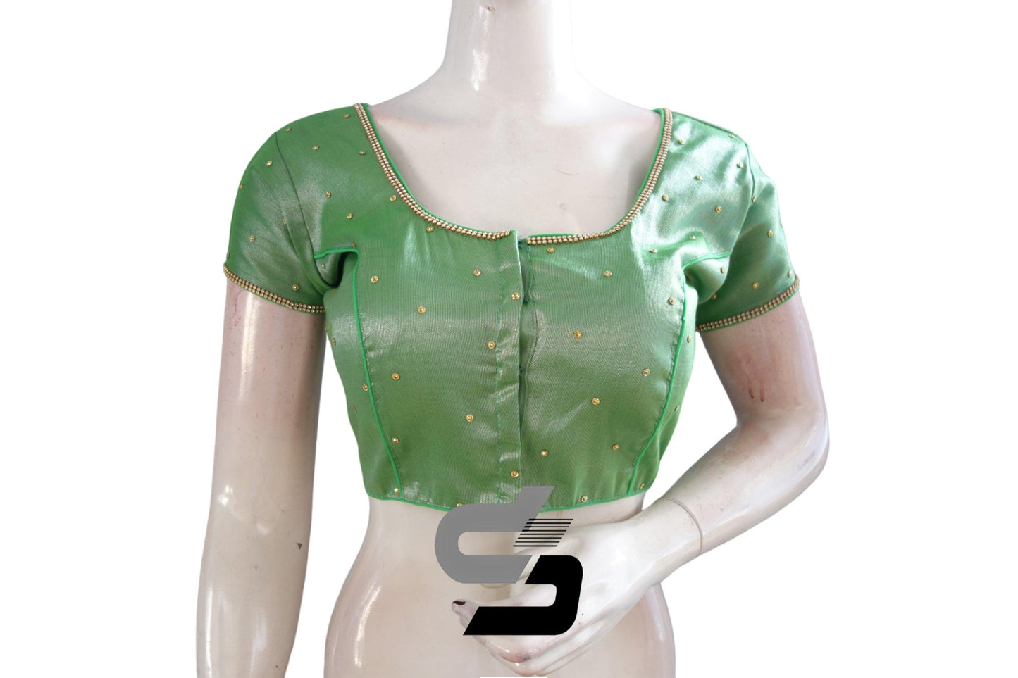 Green Color Plain Moti Tissue Readymade Blouses - D3blouses