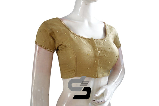 Effortless Glamour for Your Ensemble: Gold Color Plain Moti Stone Ready-Made Blouse - Elevate Your Look with Subtle Sparkle and Timeless Elegance, Perfect for Adding Glamour to Any Occasion.