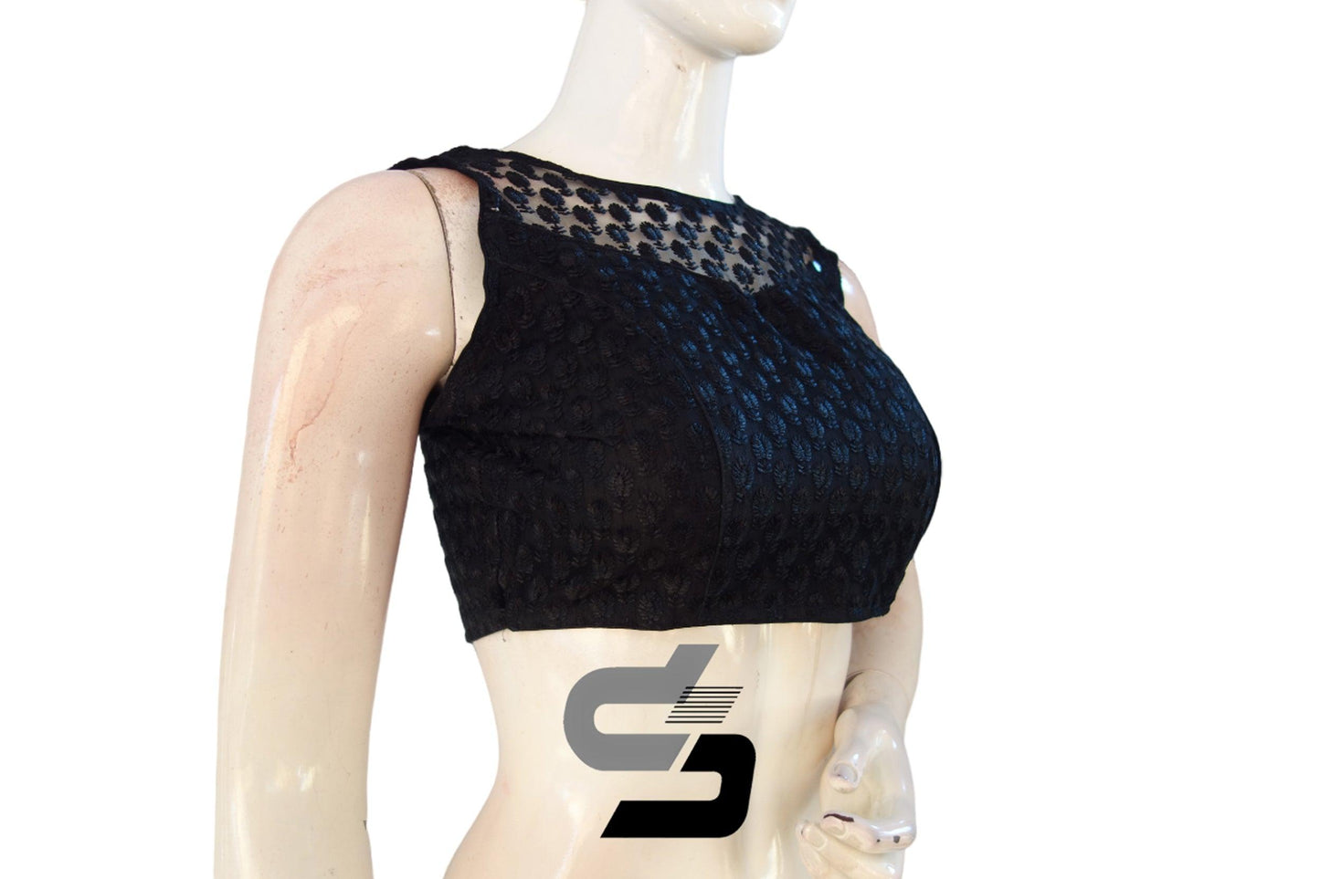 Black Color Netted Sleeveless Readymade Saree Blouse - D3blouses