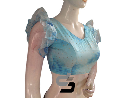 Blue Color Tie Dye Designer V Neck Georgette Readymade Saree Blouse with Ruffle Sleeves